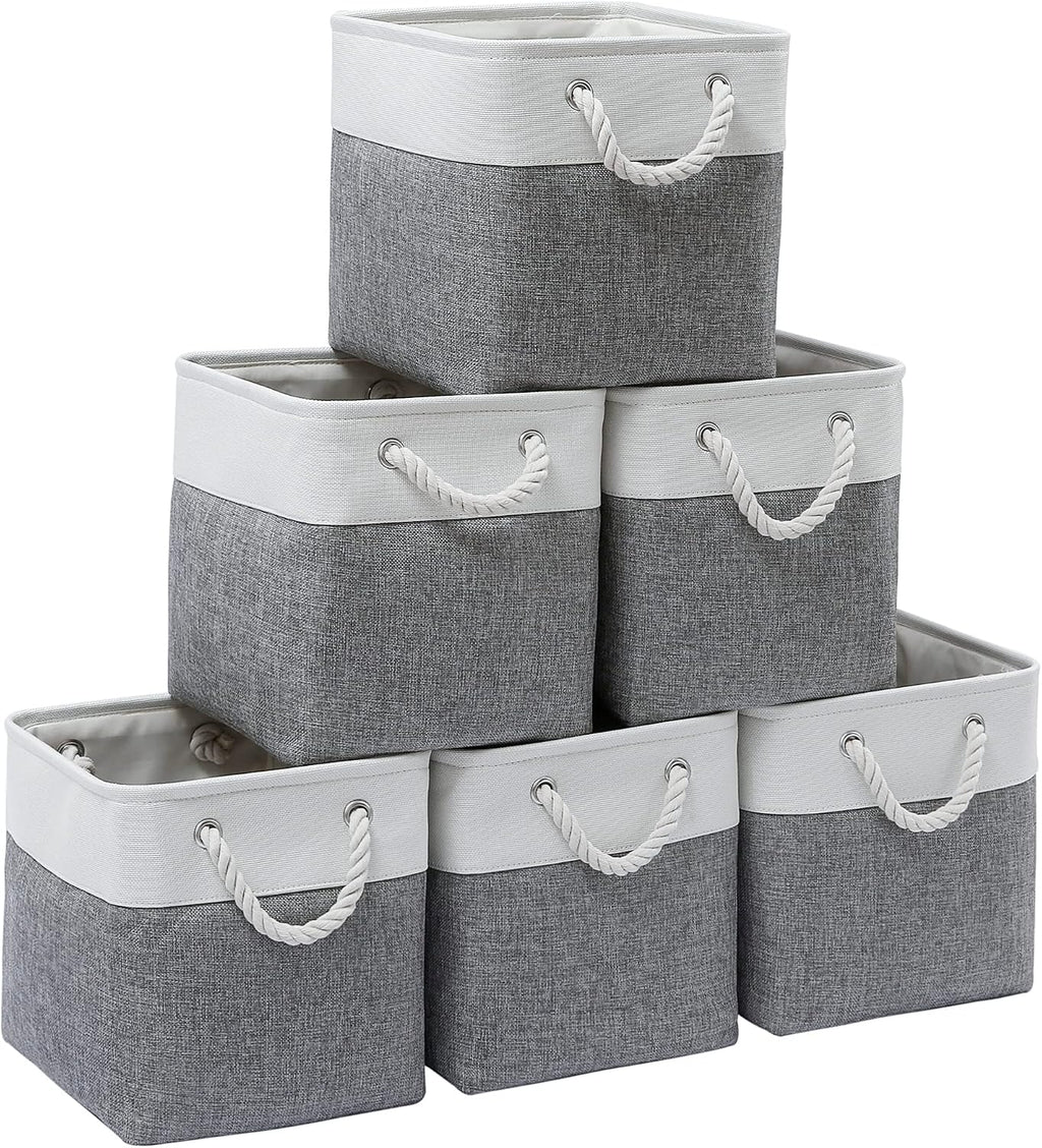 MidmmVick 11 x 11 Inch Cube Storage Bins, 6 Pack Large Collapsible Fabric Storage Bin with Ropes, Foldable Storage Cubes for Home, Office,Closet, Clothes, Toys Organizer (White & Grey-11"x11"x11")