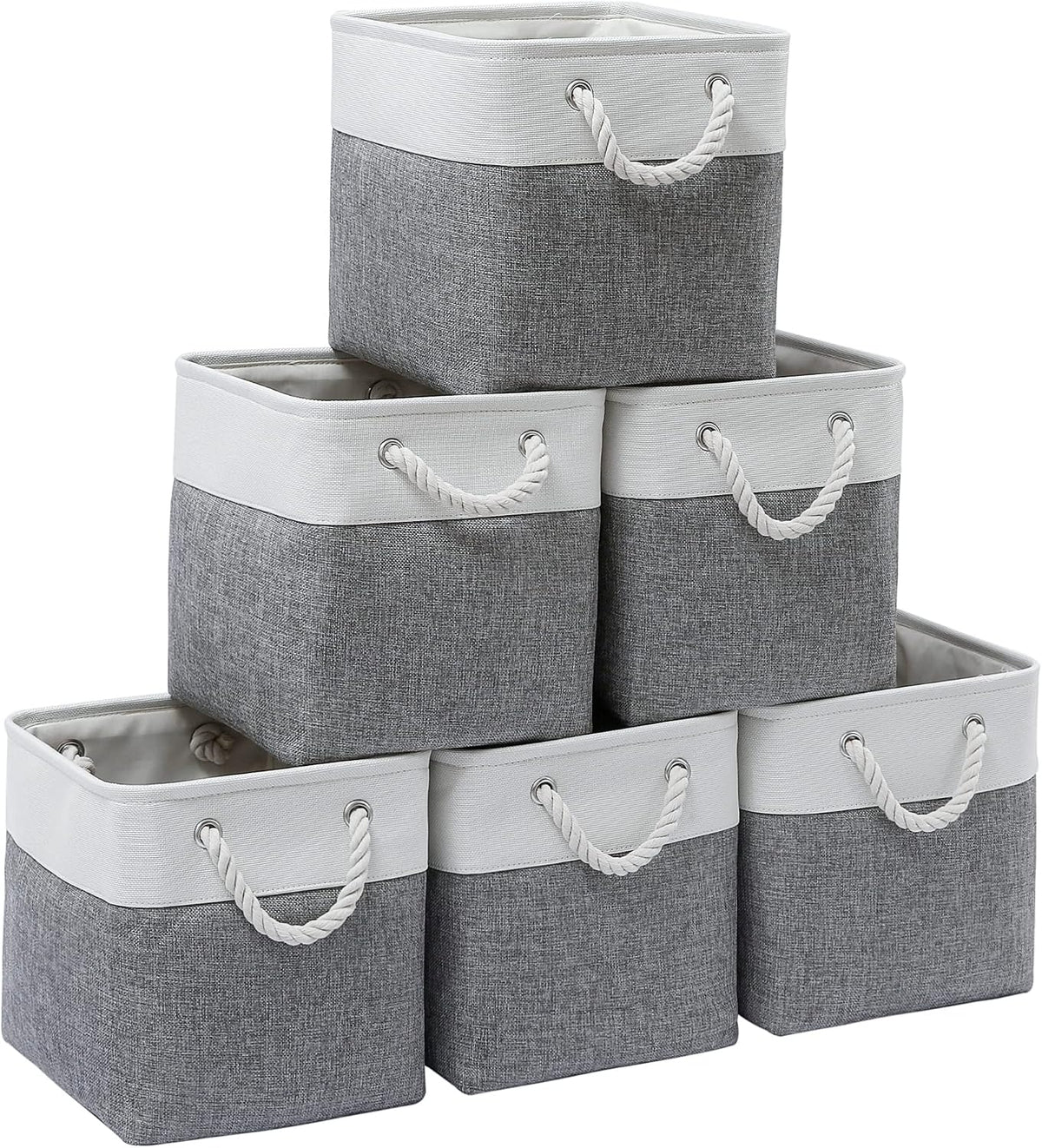 MidmmVick 11 x 11 Inch Cube Storage Bins, 6 Pack Large Collapsible Fabric Storage Bin with Ropes, Foldable Storage Cubes for Home, Office,Closet, Clothes, Toys Organizer (White & Grey-11"x11"x11")