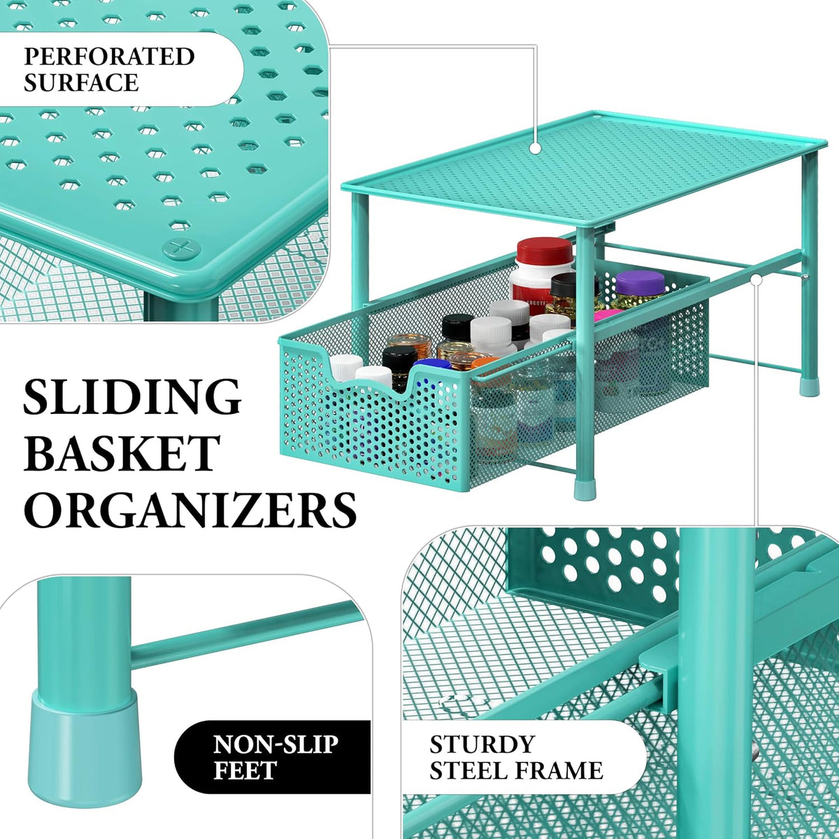 Simple Houseware Stackable Under Sink Sliding Basket Drawer, Turquoise