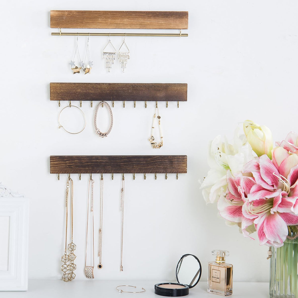 MyGift 3-Piece Wall Jewelry Organizer, Wall-Mounted Rustic Wood and Gold Tone Metal 24 Hook Necklace and Bracelet Storage Rack with Hanging Earring Bar