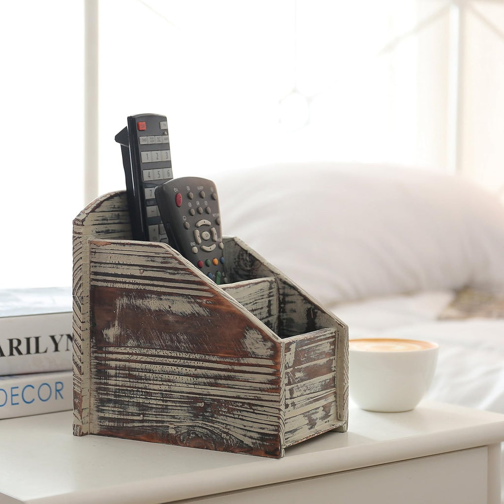 MyGift Torched Wood Remote Control Holder, 3-Compartment Tabletop Organizer