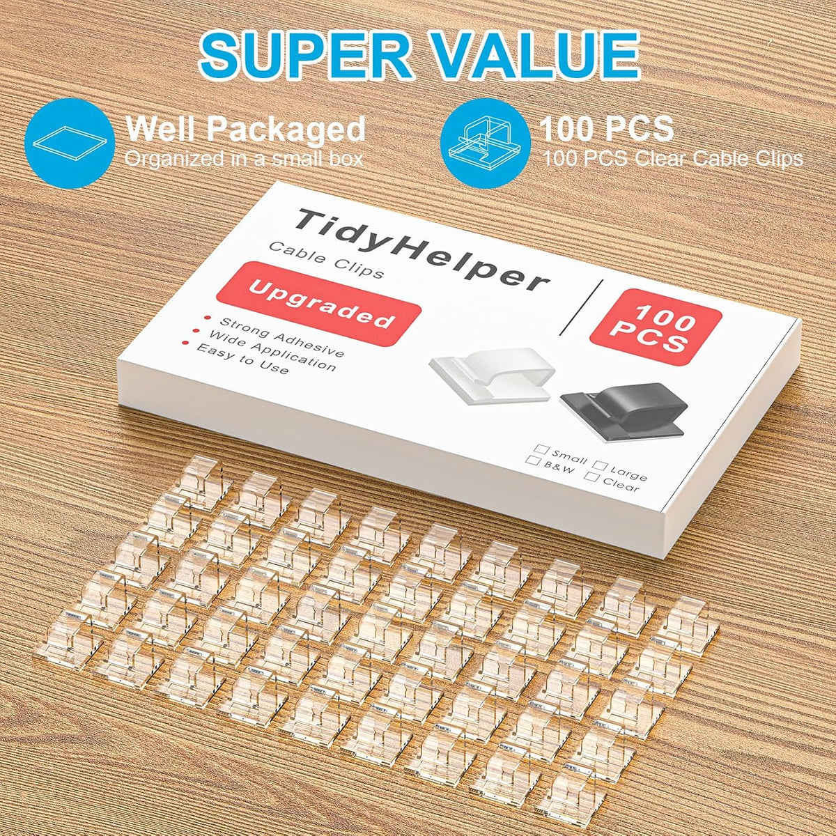 TidyHelper 100 PCS Adhesive Cable Clips Clear, Small, Indoor/Outdoor