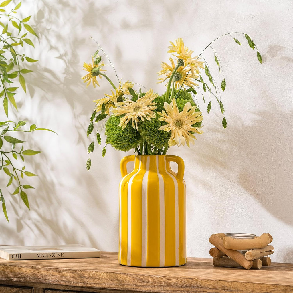 SURE YUESI Yellow Ceramic Vase with Handles, Modern Farmhouse Striped Decorative Vase, 9.1" Art Deco Tall Flower Vases for Pampas Grass, Shelf Decor, Dining Table Centerpiece, Living Room Home Decor