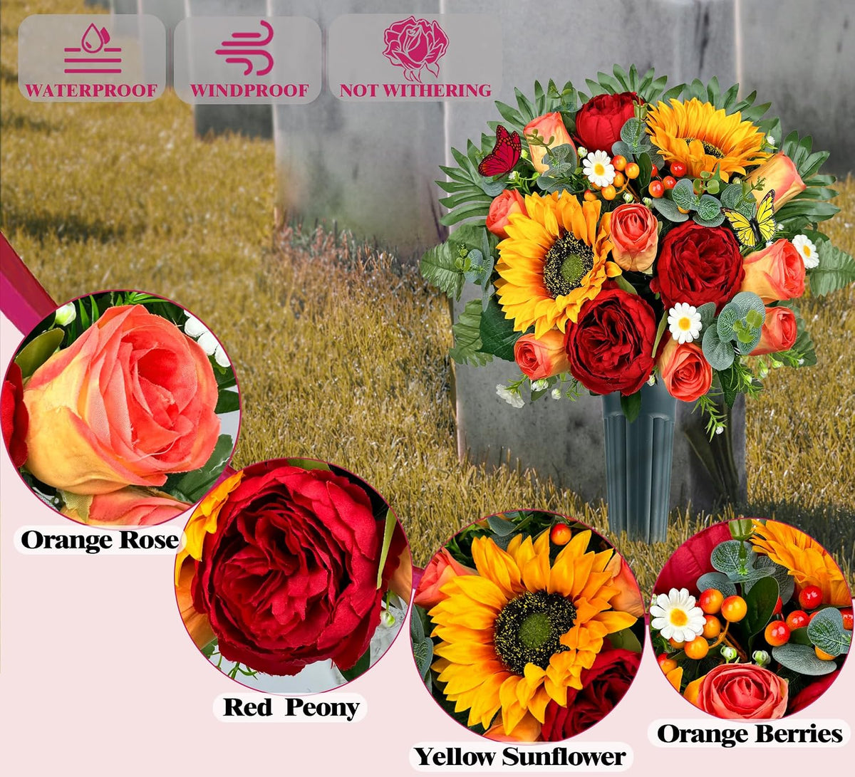MUVIC Artificial Cemetery Flowers for Outdoor Grave Decorations，Memorial Flower- Realistic Sunflower Rose - Sympathy Bouquet