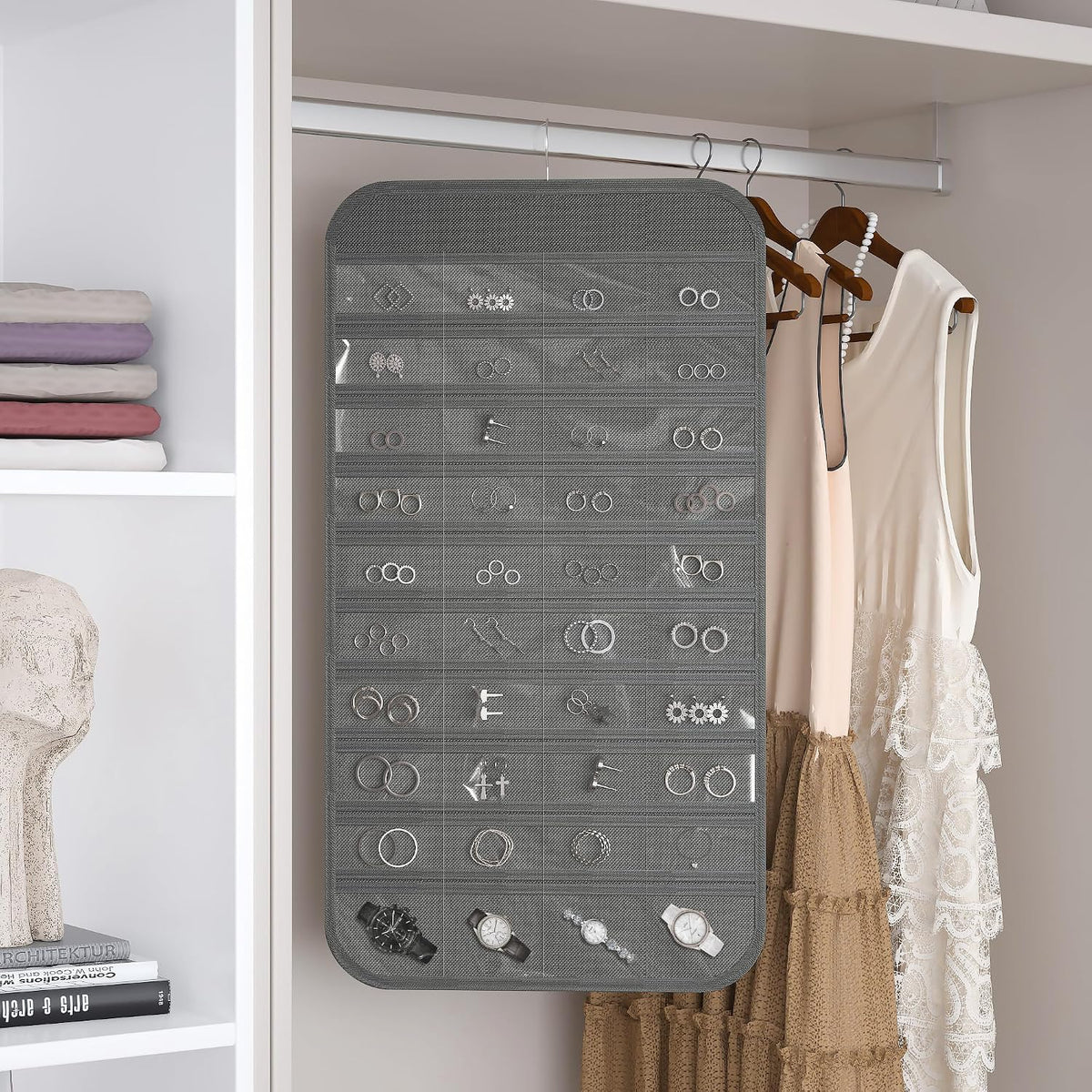 Hanging Jewelry Organizer 80-Pocket Double-Sided Storage, 2-Pack, Gray