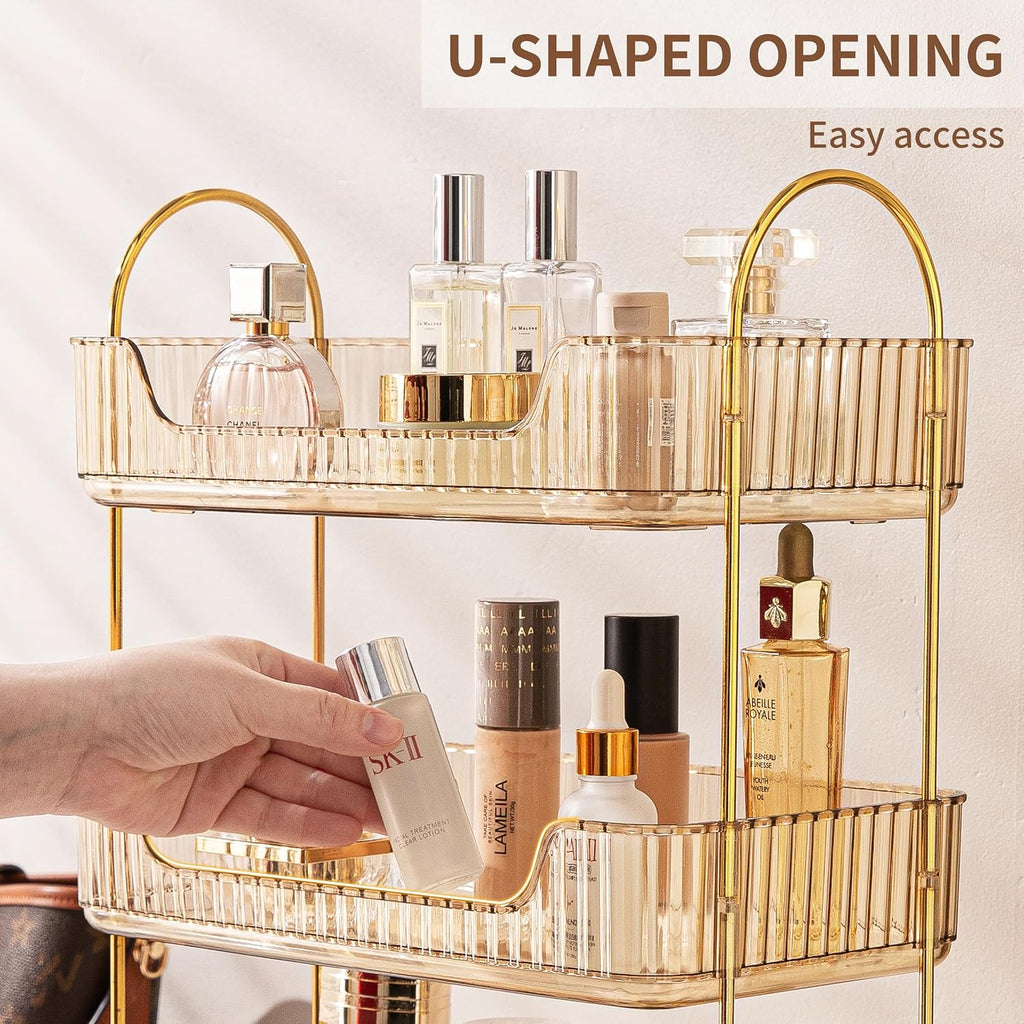 Akinbas 2 Tier Bathroom Organizer Countertop Makeup Perfume Tray Skincare Organizer for Bathroom Dresser Vanity (Gold)