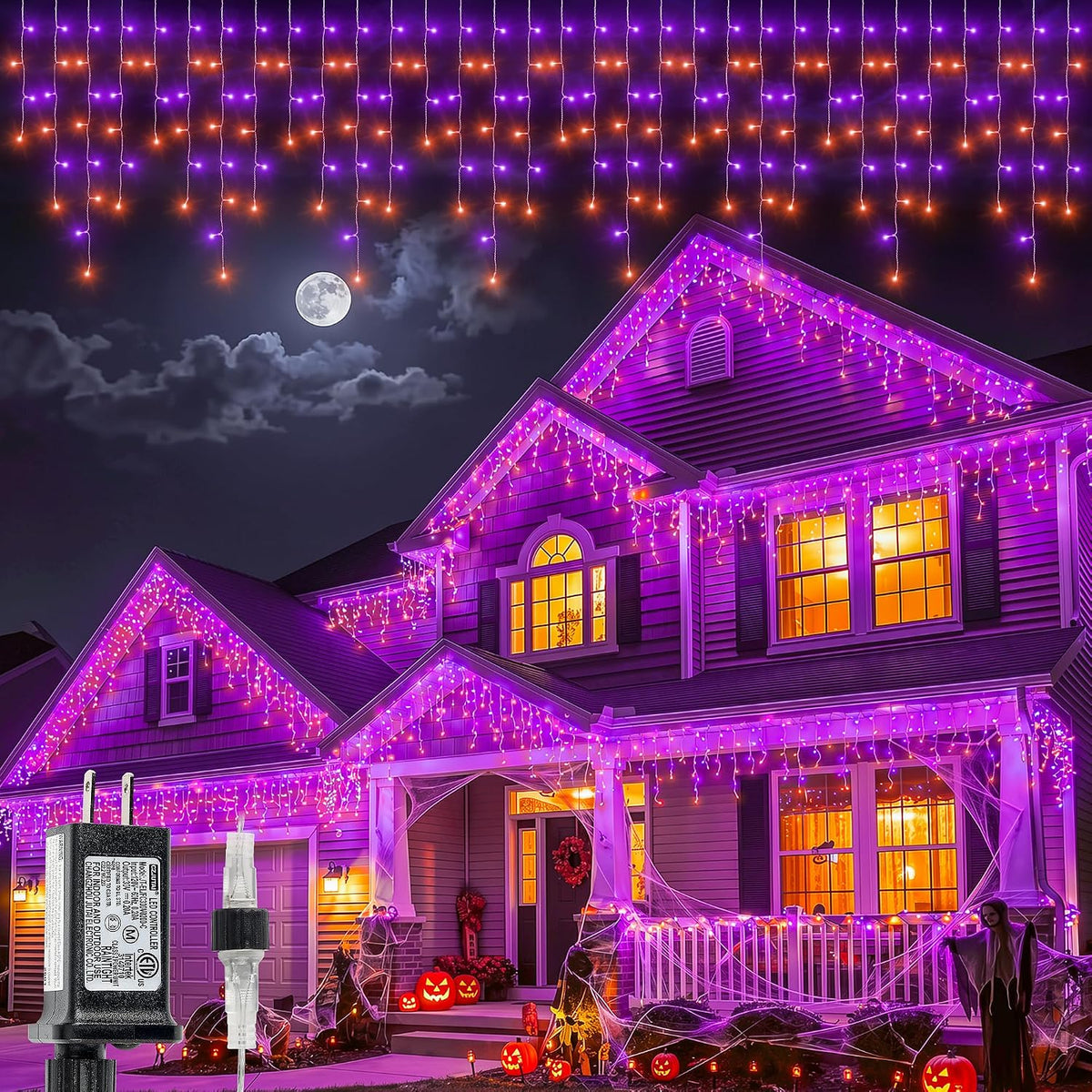 Halloween Icicle Lights Outdoor,300 LED Purple and Orange Lights