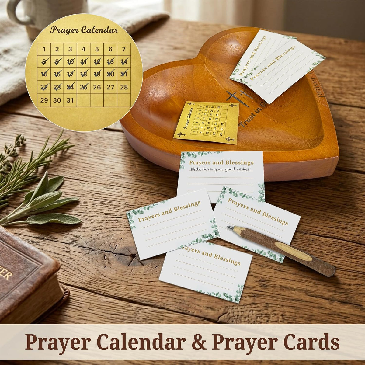 Prayer Bowls for Women Trust In God - Wooden Heart Prayer Bowl with 30 Cards & Wooden Fidget Cross - Birthday Gifts for Christian Women, Godmothers, Mom, Brown Heart Decorative Bowl with Storage Bag