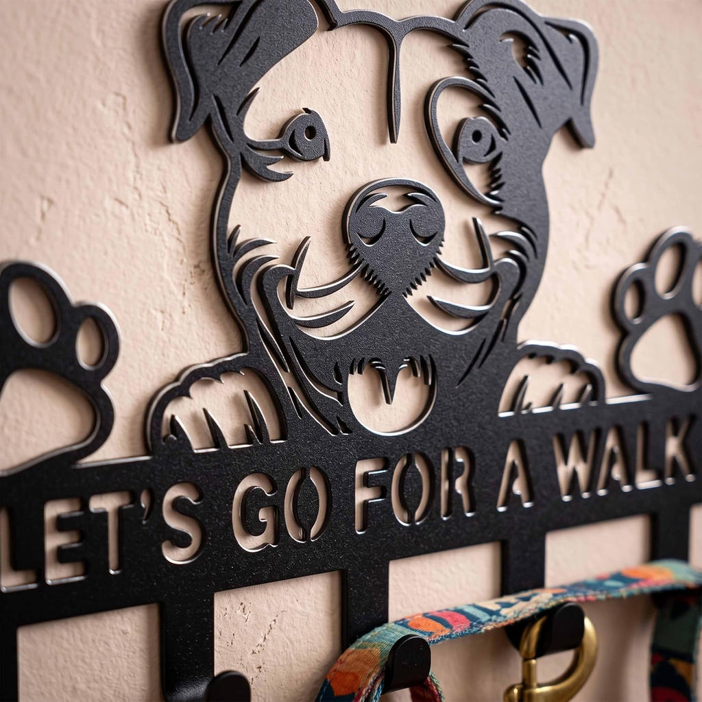 Metal 7‑Hook Pitbull Wall Dog Leash Holder, Pit Bull Dog Wall Art