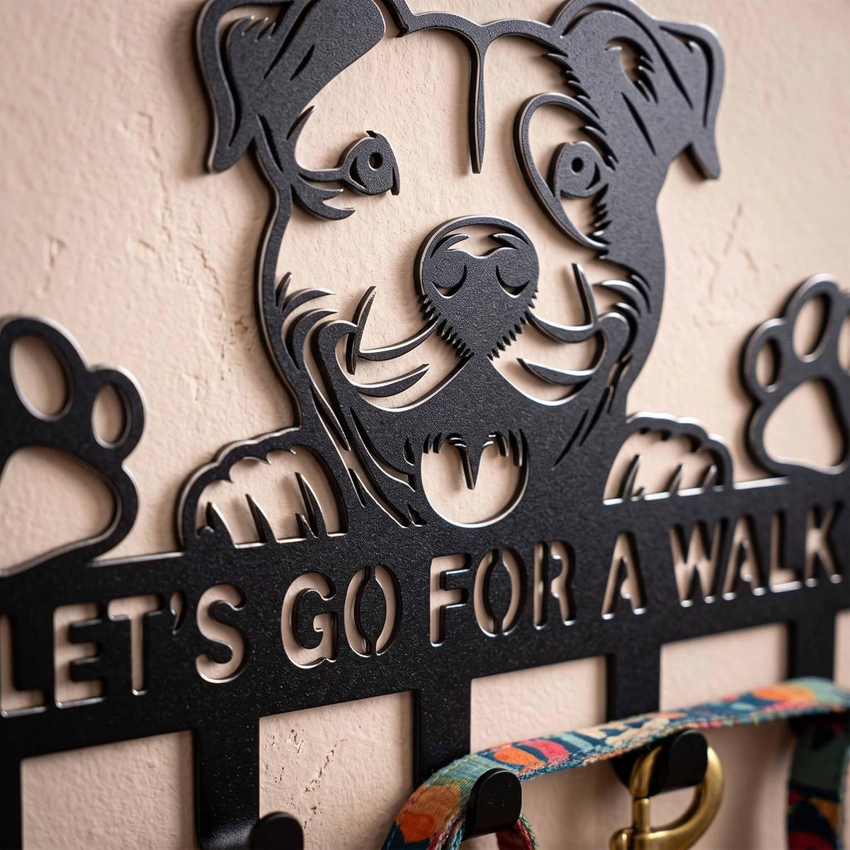 Metal 7‑Hook Pitbull Wall Dog Leash Holder, Pit Bull Dog Wall Art
