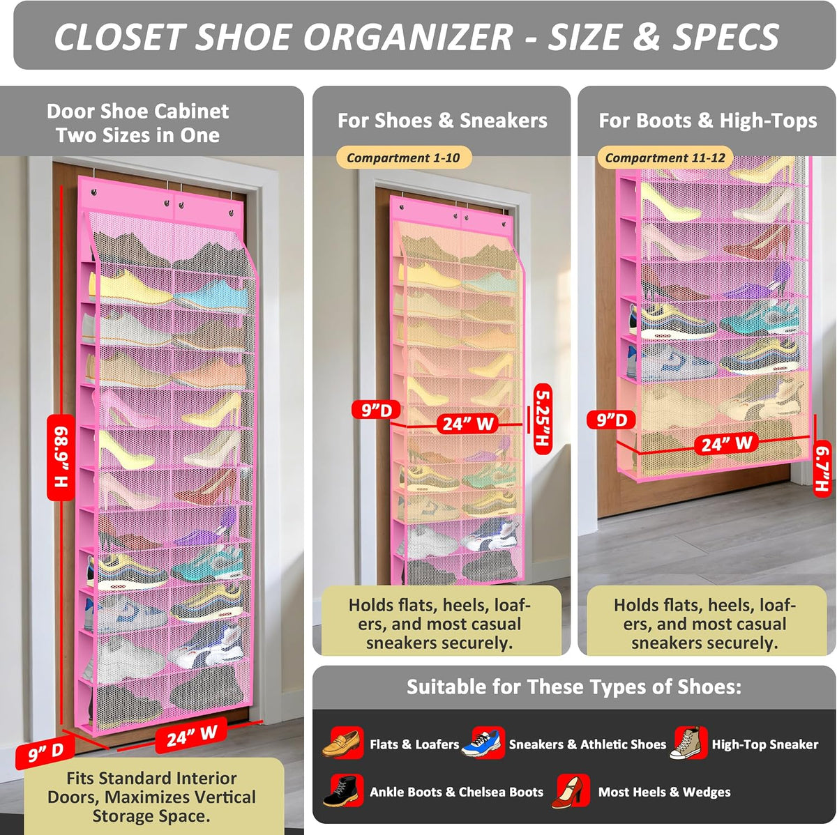 Kotkn 24-Pair Over Door Shoe Organizer for Family & Kids, Double Sided | Hanging Storage for Sneakers, Boots, Toys & Room OrganizationRose Quartz