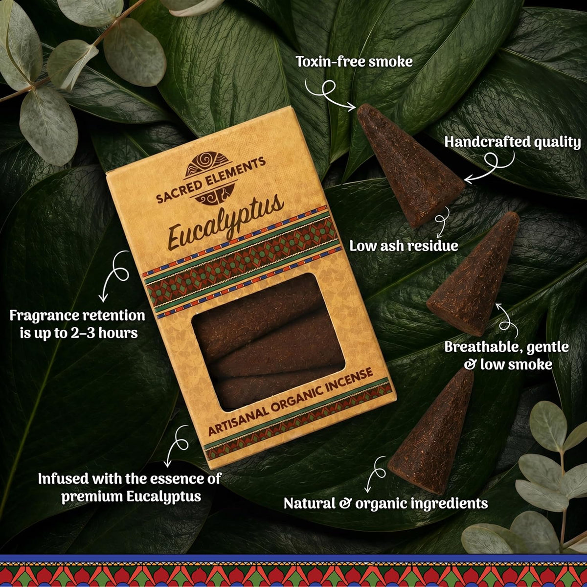 Sacred Elements Organic Incense Cones – Eucalyptus Scent (Pack of 4) | Natural Aromatherapy for Relaxation & Focus | Handcrafted, Low Smoke, Long-Lasting Fragrance for Home & Workspace