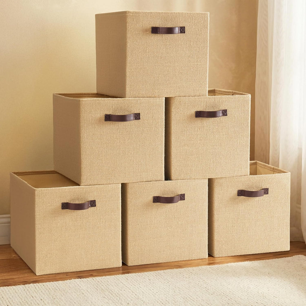 Ornavo Home 13x15x13 Jute Storage Cube Bins, 6 Pack, Leather Handles