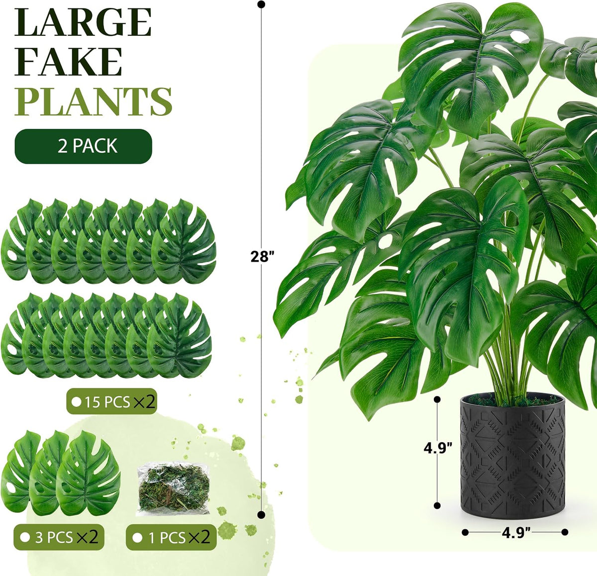 Der Rose 2 Pack 28" Fake Plants, Monstera Plant in Black-and-White Pots