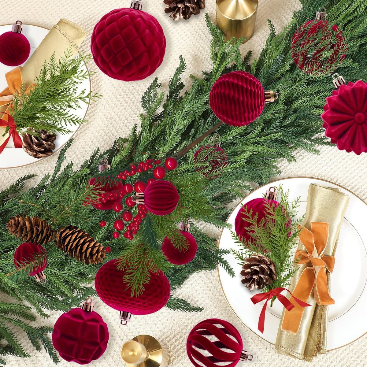 48PCS Velvet Christmas Ball Ornaments, Flocked Balls Xmas Tree Decorations, Shatterproof Christmas Hanging Ornaments Set, Assorted Styles in 1.57/2.36/3.15Inch, Velvet Burgundy