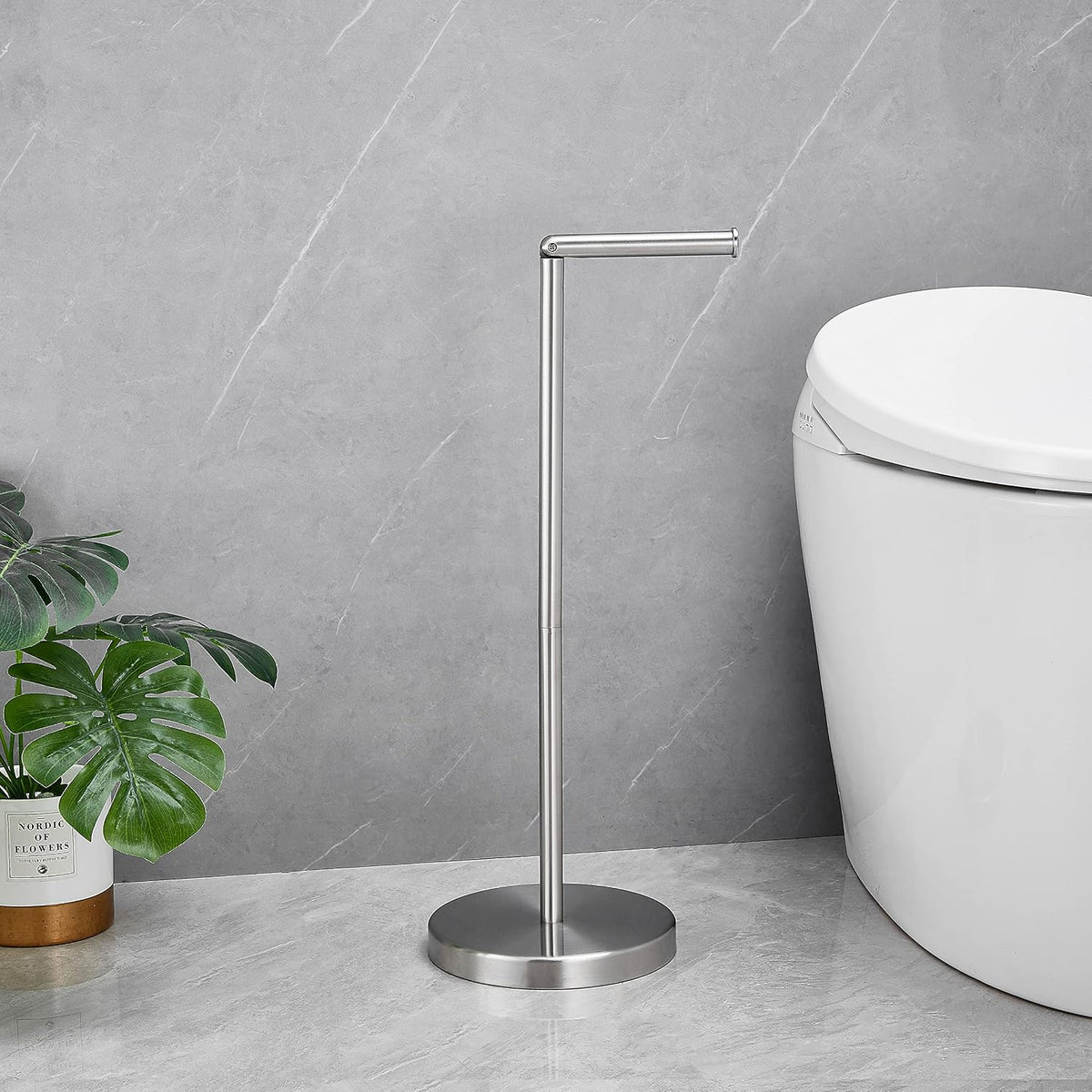 Foldable Toilet Paper Dispenser SUS304 Stainless Steel Free Standing Toilet Paper Holder Stand Modern Floor Bathroom Storage Freestanding 4 Rolls of Toilet Tissue Stand (Brushed Nickel Finish)