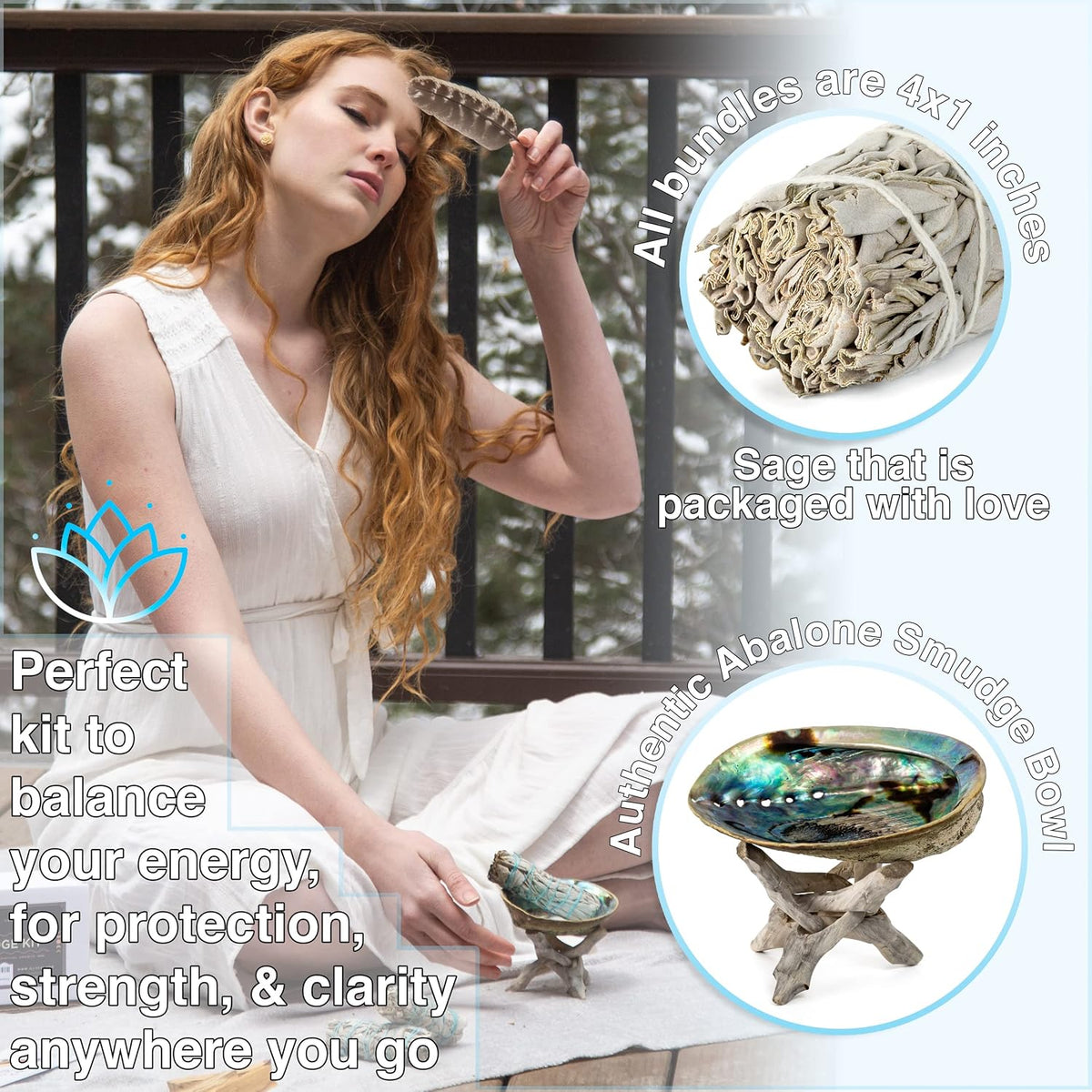 White Sage Smudge Kit with Palo Santo, Abalone Shell, Feather