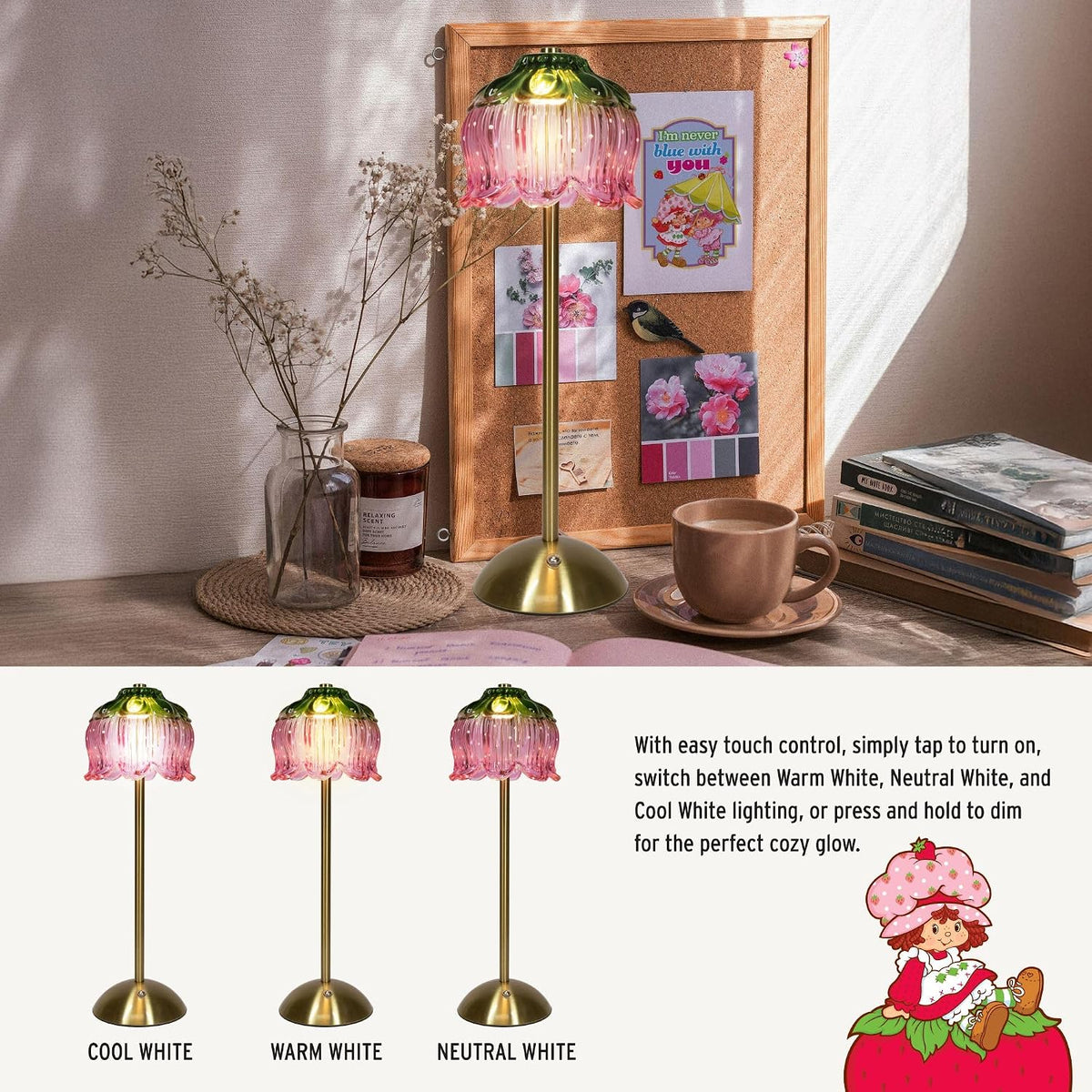 Strawberry Shortcake Touch Lamp- Pink Glass Strawberry Shade, USB-C Rechargeable, 3 Dimmable Light Temperatures, LED Desk Lamp, Brush Brass Base & Pole, Cute Décor for Girls' Bedroom (Pink)