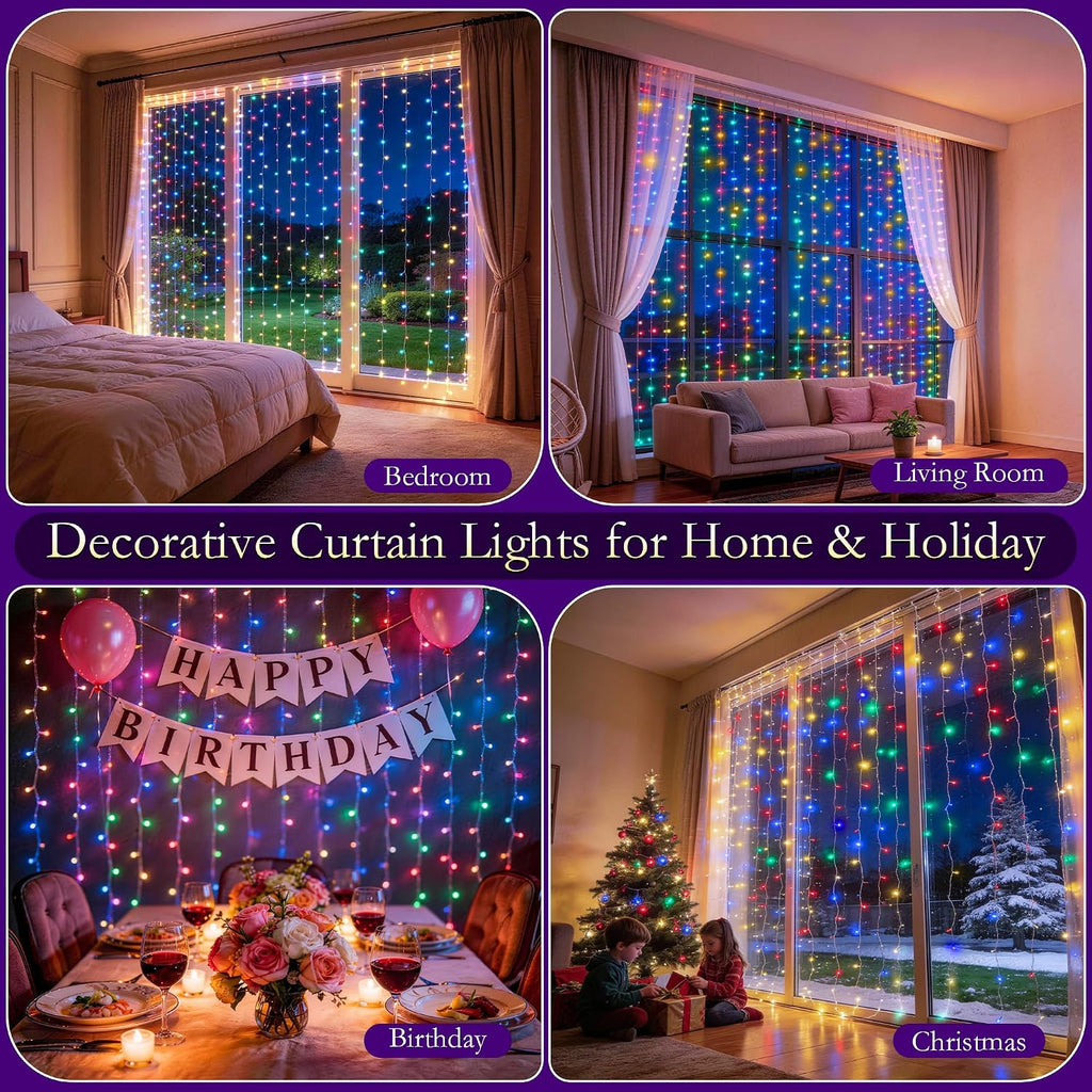 Curtain String Lights 300LED 9.8x9.8FT, Multicolor, IP44, 9.8FT Lead