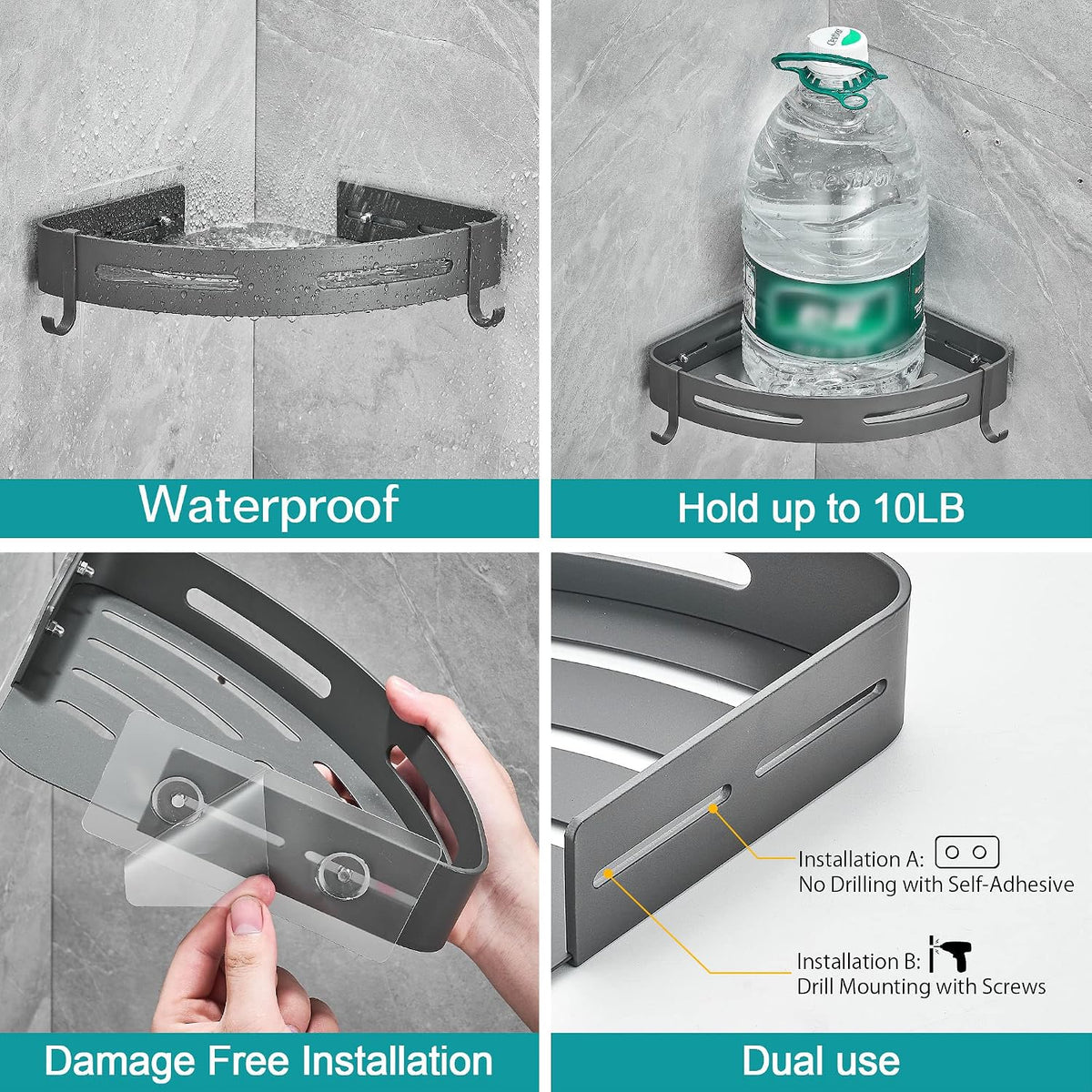 2-Tier Corner Shower Shelf, Dark Grey