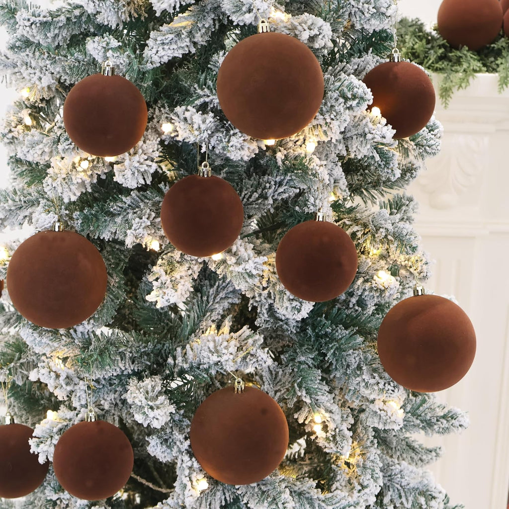 18PCS Brown Velvet Christmas Ornaments Set,3.15IN Flocked Ornaments Balls