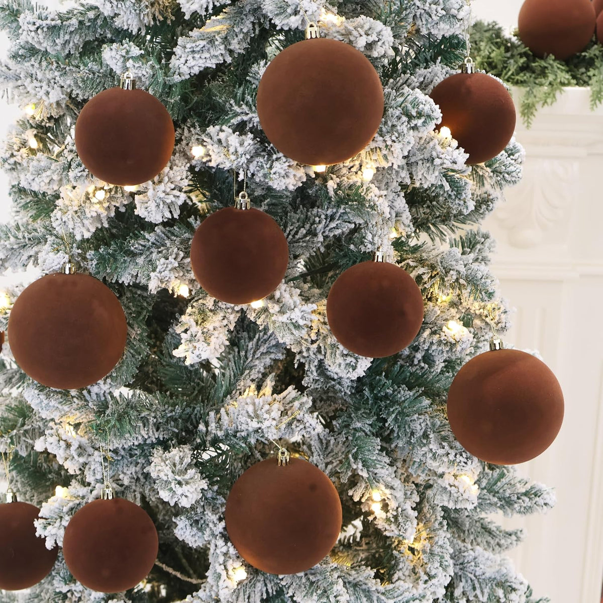18PCS Brown Velvet Christmas Ornaments Set,3.15IN Flocked Ornaments Balls