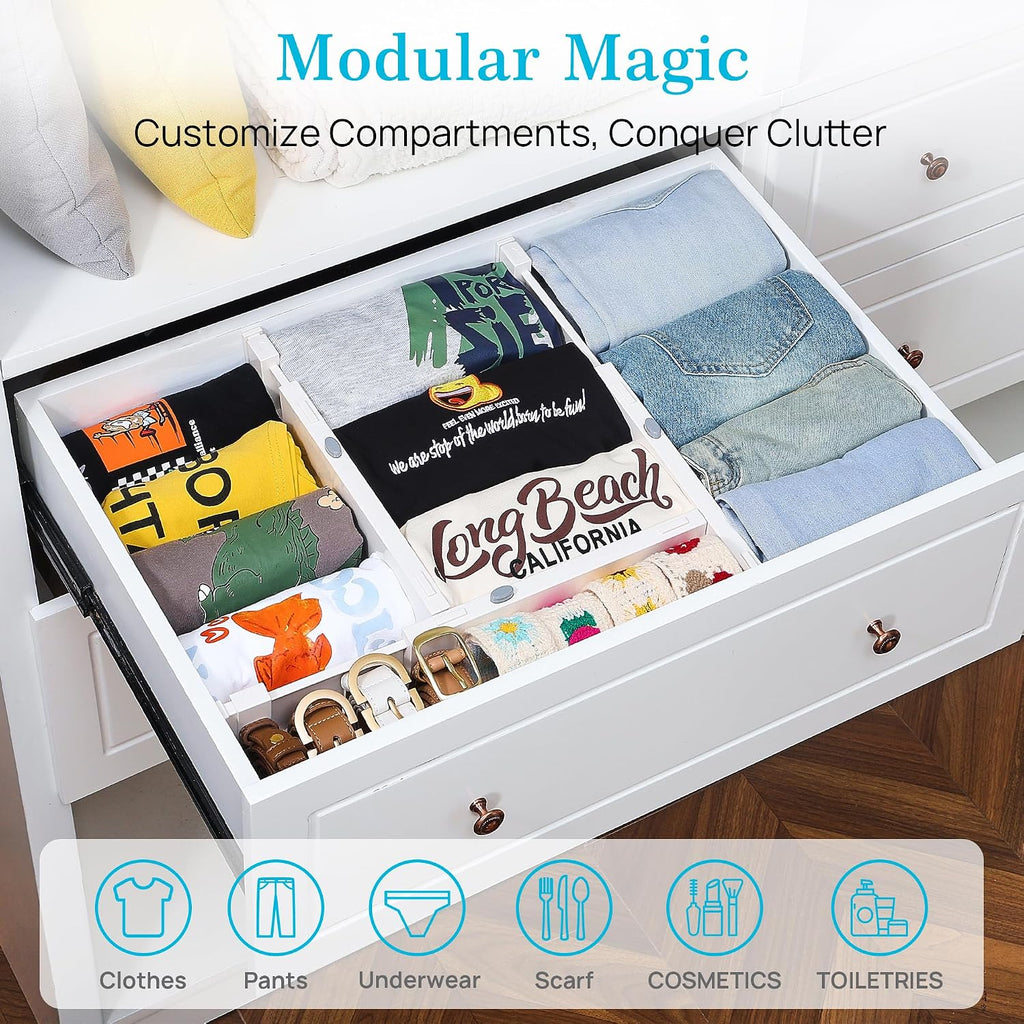 Vtopmart 16 Pack Drawer Dividers for Clothes, 4" High 11.3"-17" Adjustable Expandable Dresser Drawer Organizer, Plastic Drawers Separator for Dresser, Baby Clothes, Underwear, Kitchen & Office Storage