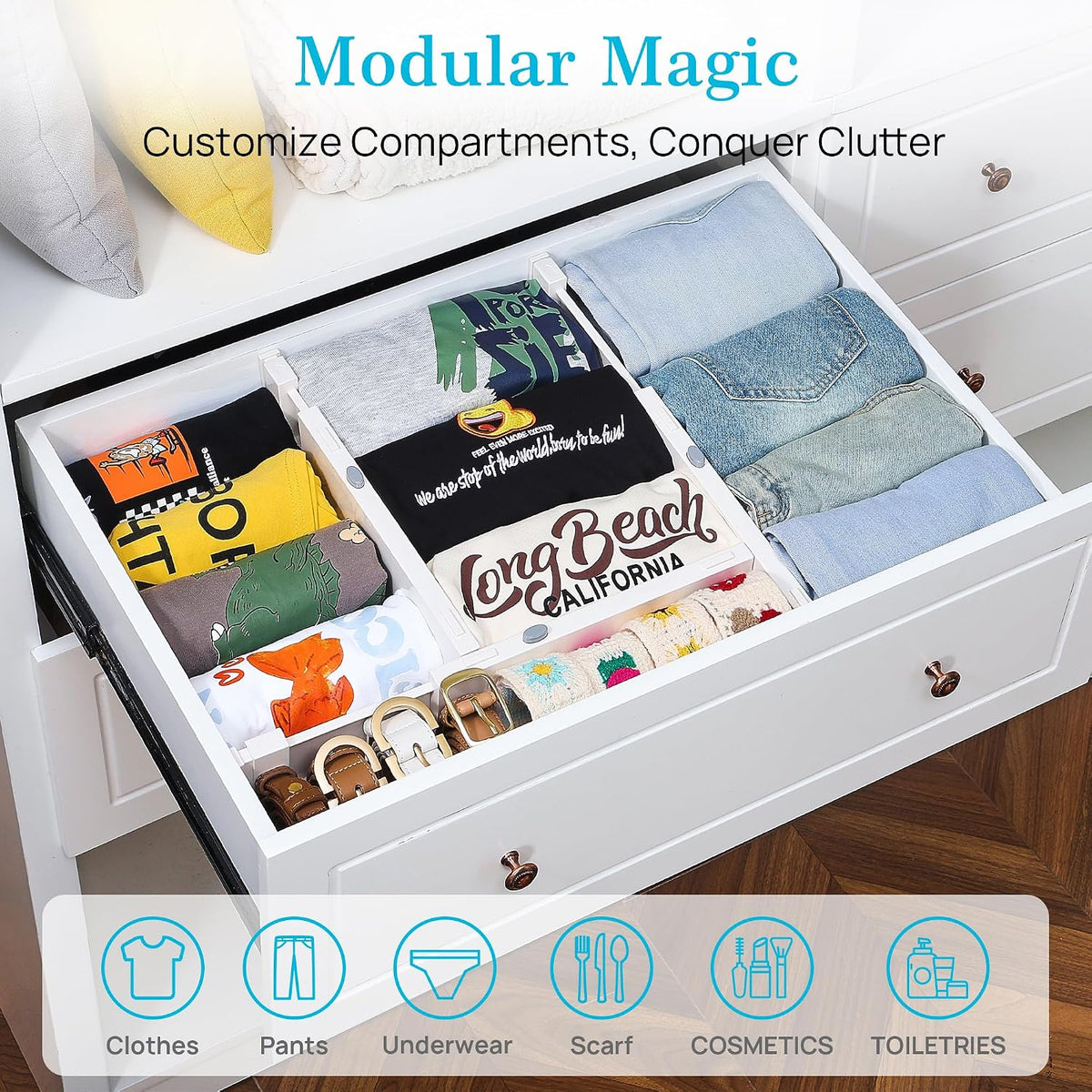 Vtopmart 16 Pack Drawer Dividers for Clothes, 4" High 11.3"-17" Adjustable Expandable Dresser Drawer Organizer, Plastic Drawers Separator for Dresser, Baby Clothes, Underwear, Kitchen & Office Storage