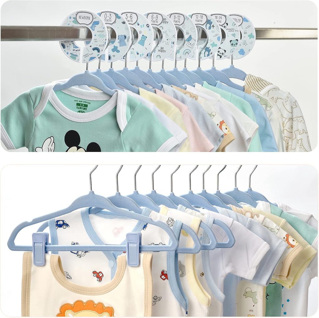 Babyrish Velvet Baby Hangers with 10x Clips and 8X Dividers (30 Pack) | 11” Ultra-Slim Baby Clothes Hangers | Non-Slip Felt | Space-Saving Nursery & Infant Closet Organizer | Blue