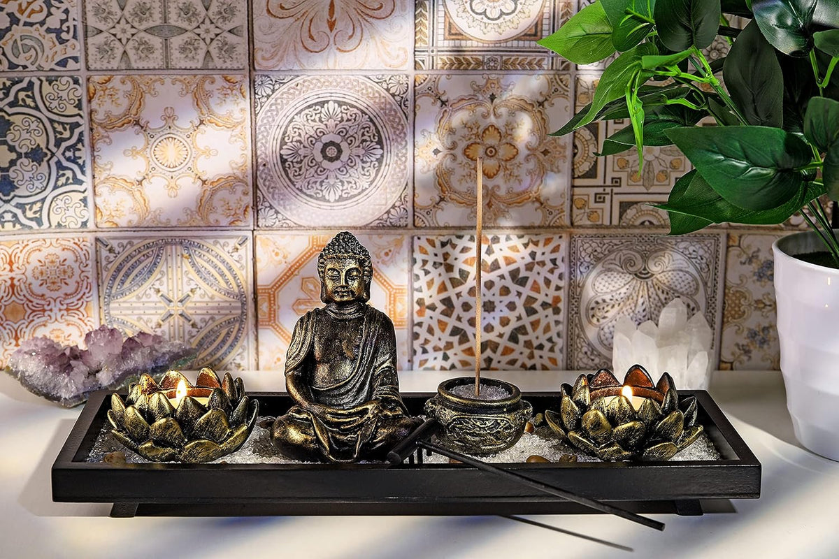 Jovivi Zen Garden Set Buddha Statue 2 Lotus Tealight Candle Holders