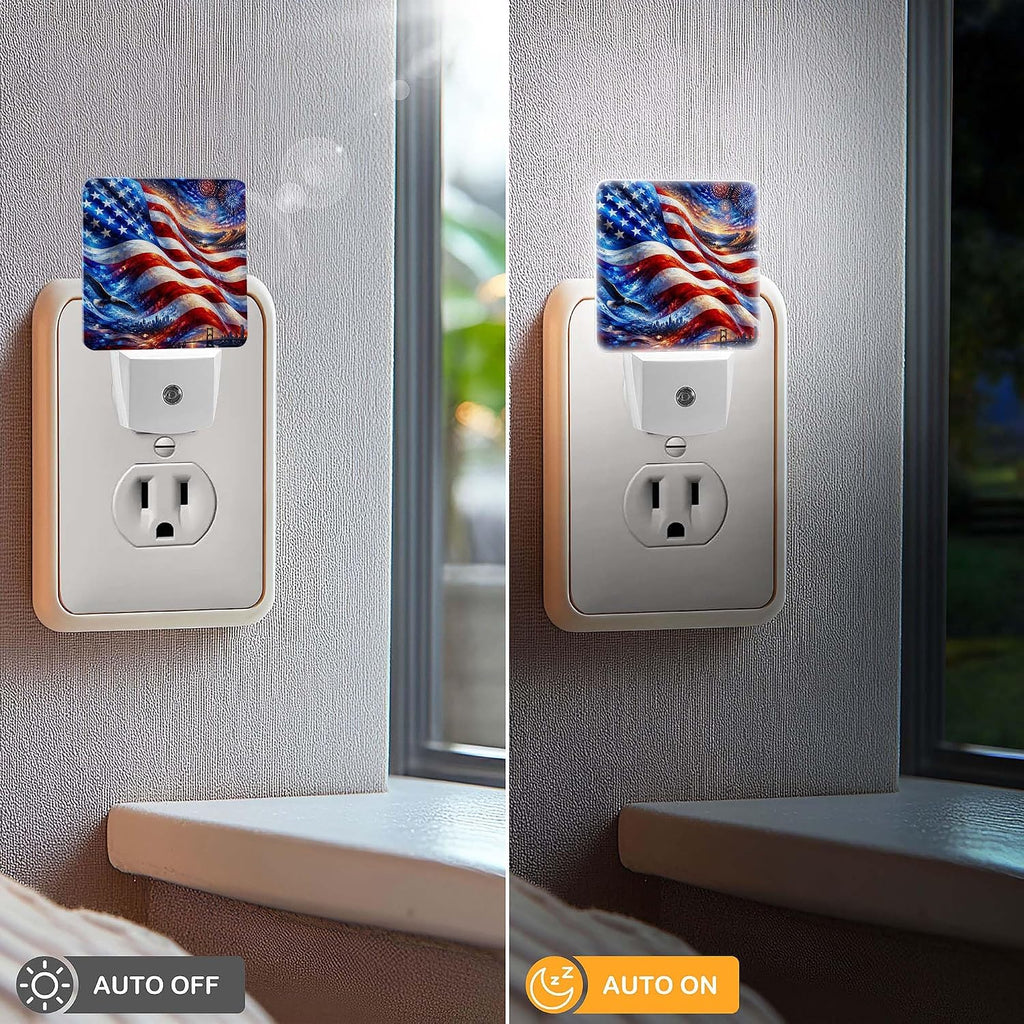 LED Night Light Lamp with Smart Sensor Dusk to Dawn Sensor,Dynamic Flowing Style Patriotic American Flag Red White and Blue Colors Blend Overlap Night Light Daylight White,0.5W Plug-into Wall