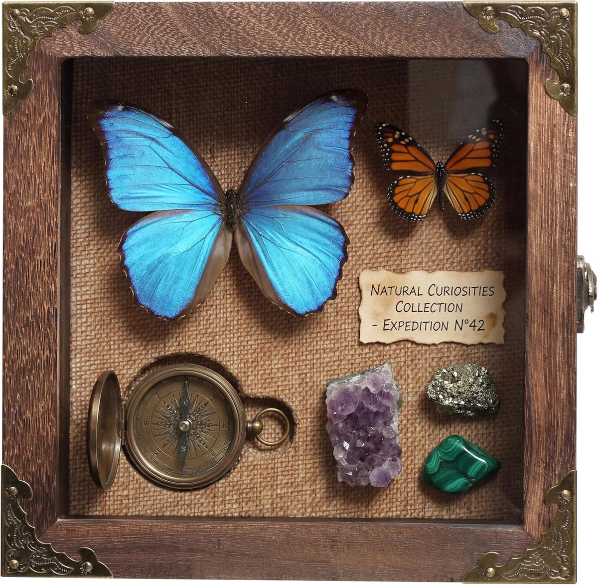 8x8 Deep Shadow Box Frame, 4.7" Depth Rustic Burnt Wood Display Case with Real Glass Door, Vintage Metal Corner Decor, Memory Box for Medals Photos Flowers Awards Wedding Keepsakes