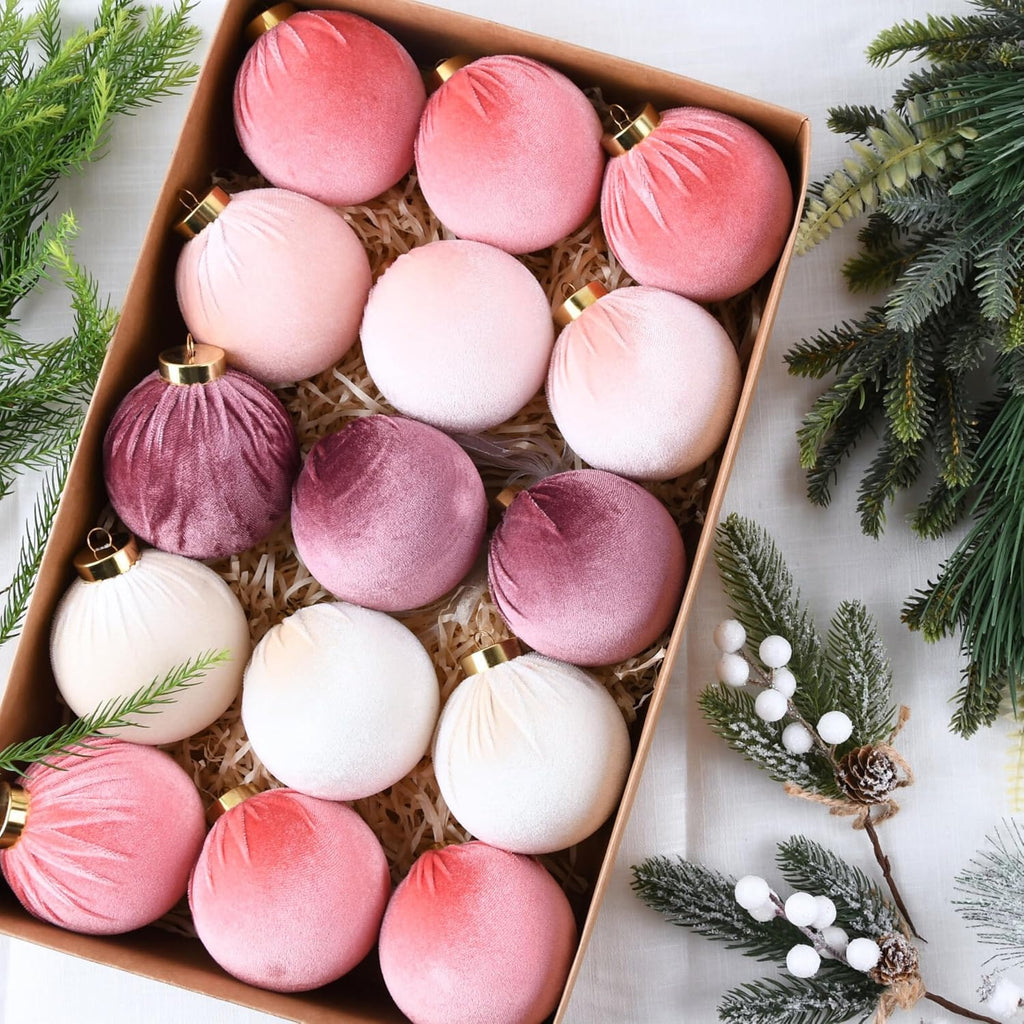 Velvet Christmas Ornaments Balls for Tree - 15pcs Pink Christmas Ornaments Shatterproof for Xmas Decorations - Multicolor Pink & Beige 80mm 3.15inch