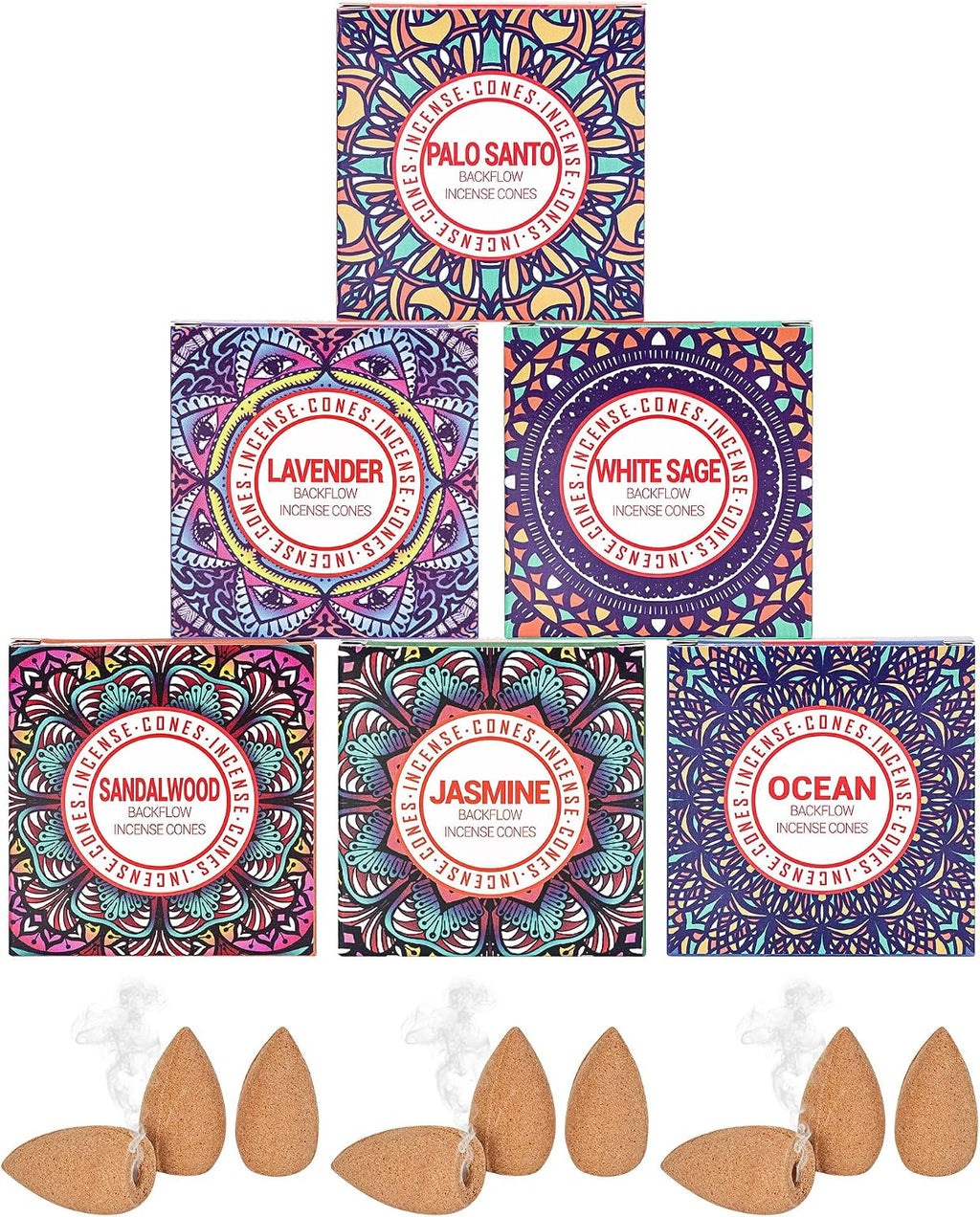 Backflow Incense Cones - 6 Mixed Natural Scents - Sandalwood, Lavender, Jasmine, Ocean, White Sage, Palo Santo, for Purification, Relaxation, Yoga, Meditation