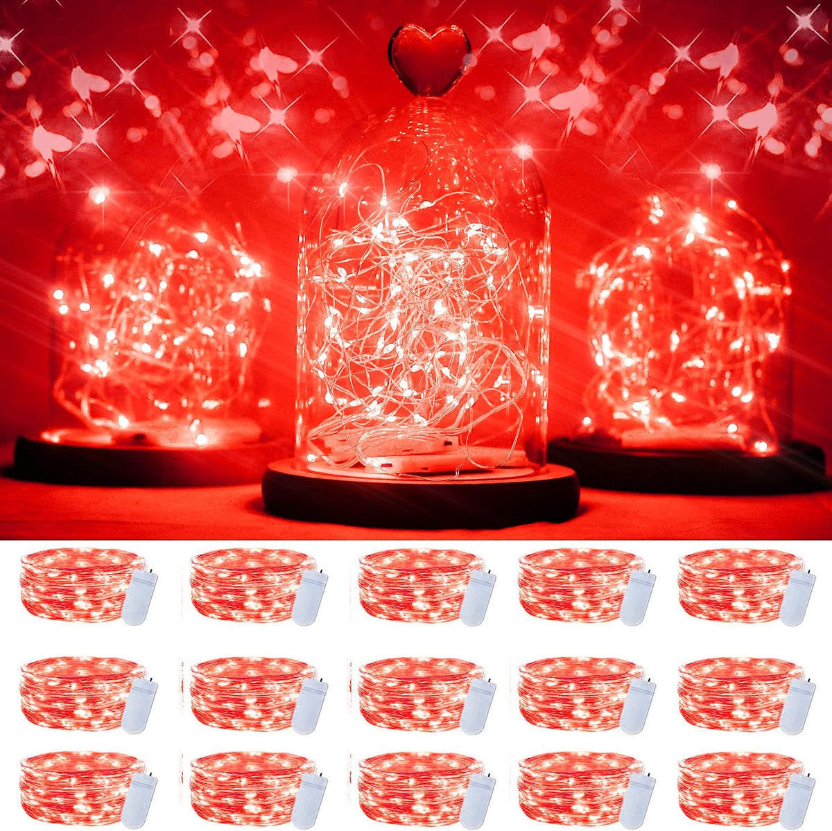 SmilingTown 15 Packs 20 Led Red Fairy Lights Battery Operated 6.6ft Silver String Lights Waterproof Firefly Starry Light for Bedroom Dorm DIY Table Centerpieces Halloween Christmas Party Decor