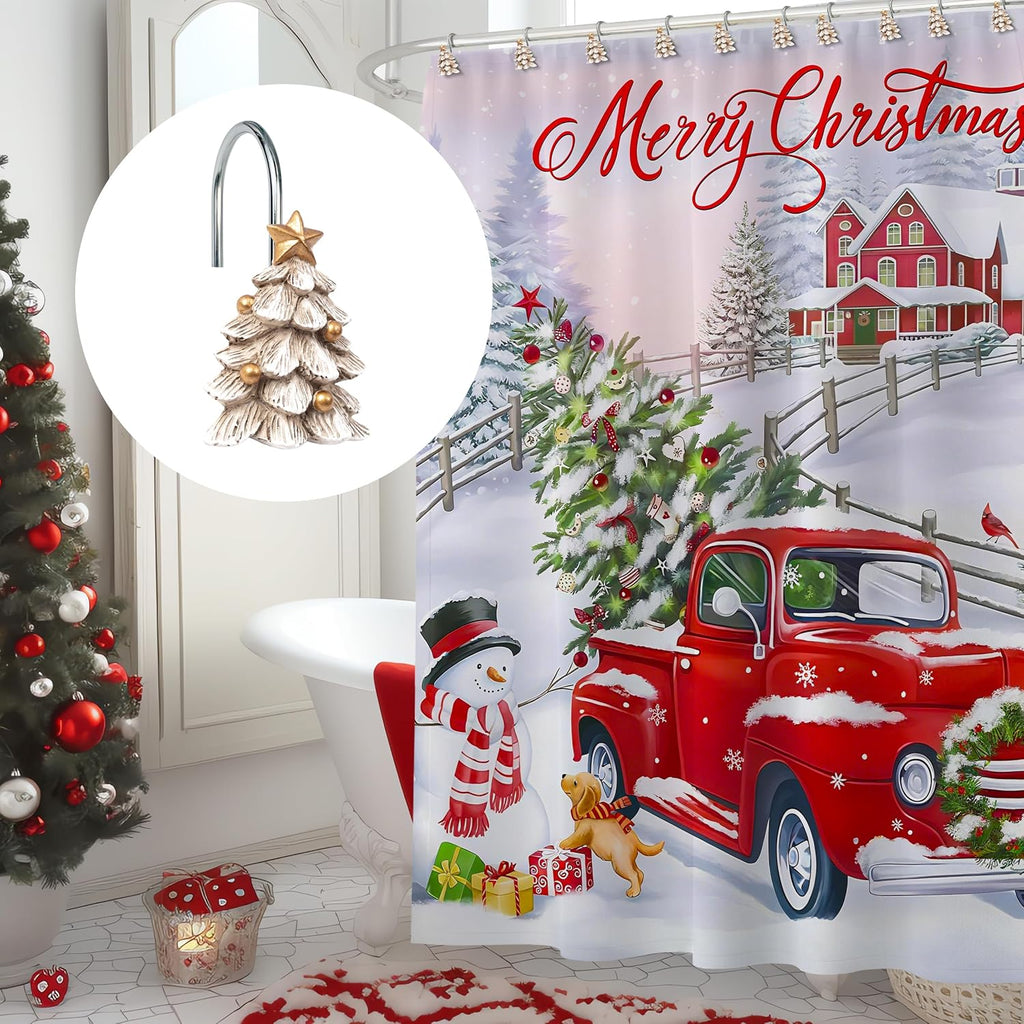 Sunlit Christmas Tree Decorative Shower Curtain Hooks with Star, Shower Curtain Rings, Resin, Xmas Theme Winter Holiday Bathroom Decoration, Set of 12, White Tree with Golden Balls Ornaments