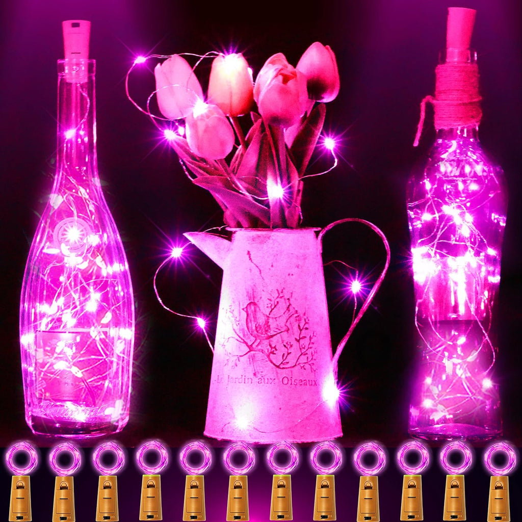 SmilingTown 12 Packs 20 LED Wine Bottle Lights with Cork - Pink Fairy String Lights Battery Operated Cork Lights for Wine Liquor Bottle,Jar,Vase,Christmas,Birthday,Wedding Halloween Party Table Decor