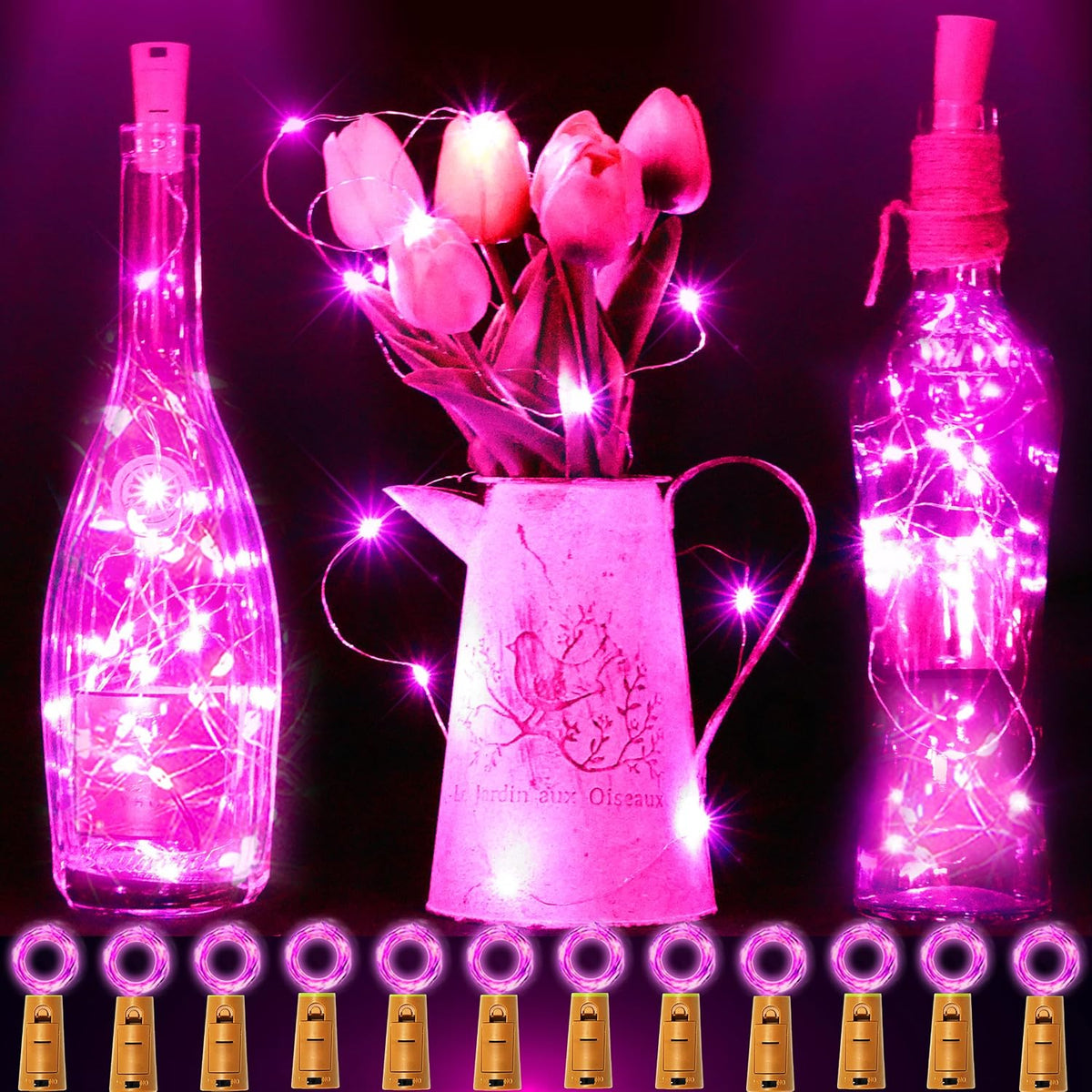 SmilingTown 12 Packs 20 LED Wine Bottle Lights with Cork - Pink Fairy String Lights Battery Operated Cork Lights for Wine Liquor Bottle,Jar,Vase,Christmas,Birthday,Wedding Halloween Party Table Decor