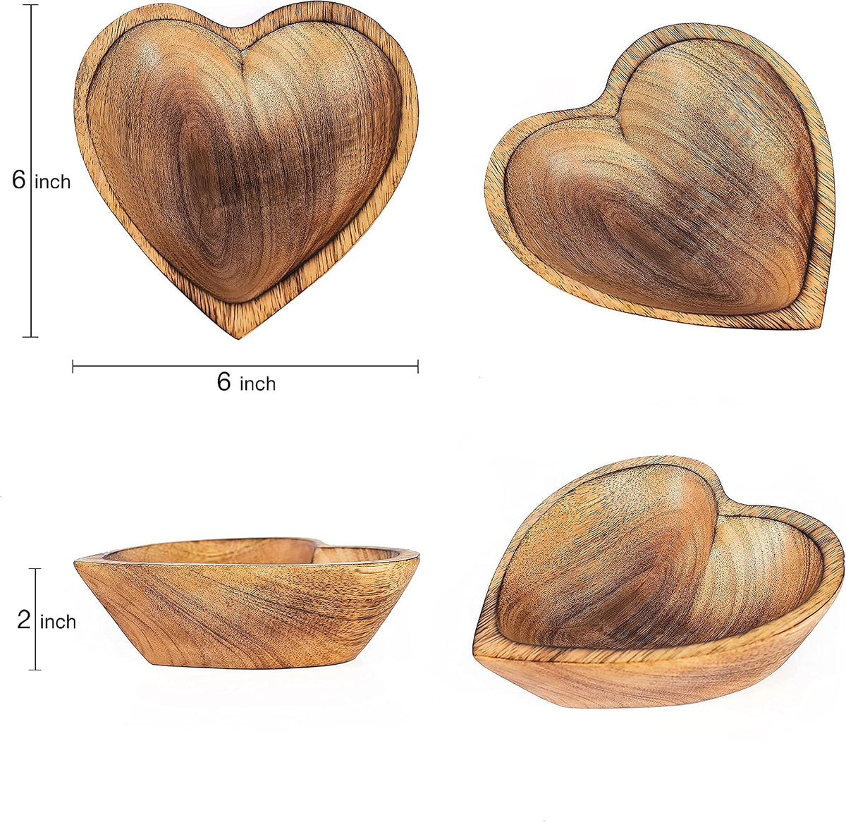 WitnyStore Heart Shaped Wood Bowl 6" Brown Handcrafted Wooden Bowls Collectible Functional Serving Tray Dish Plate Hand Made Decorative Tableware for Candy Nuts Dessert Fruit Home Décor Accents Gifts