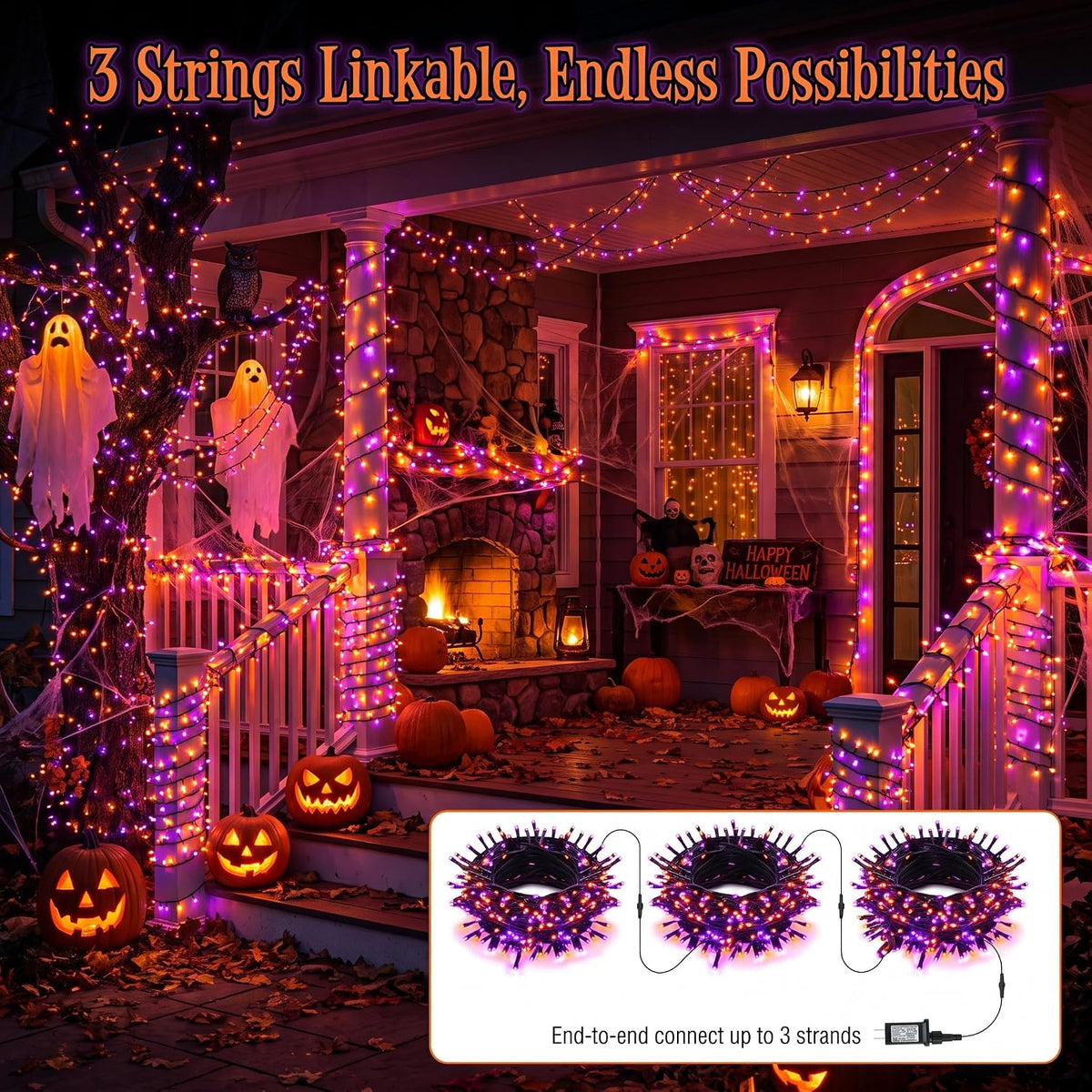 ODEETRONIC Purple & Orange Halloween Lights Outdoor, 98.42 ft, 300 LED