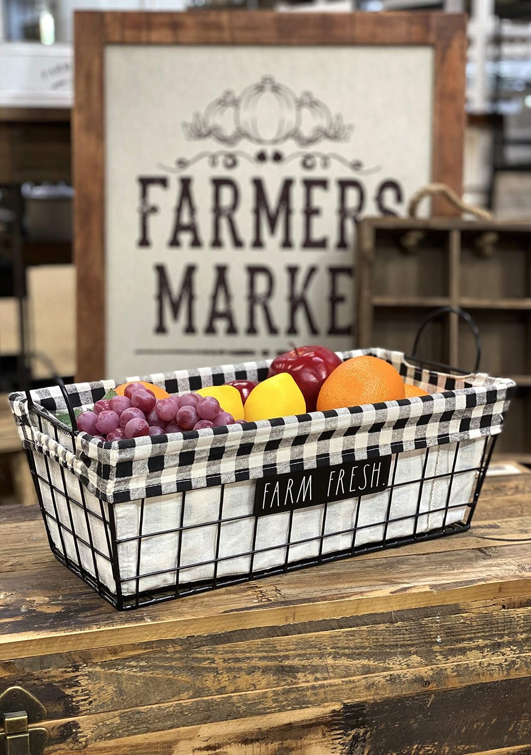 Rae Dunn ‘Farm Fresh’ Metal Lined Basket - Rustic, Farmhouse, Vintage Style with Wire and Fabric - Storage Organizer for Kitchen, Pantry, Laundry Room, Closet, Nursery, Office - Cute Home Décor