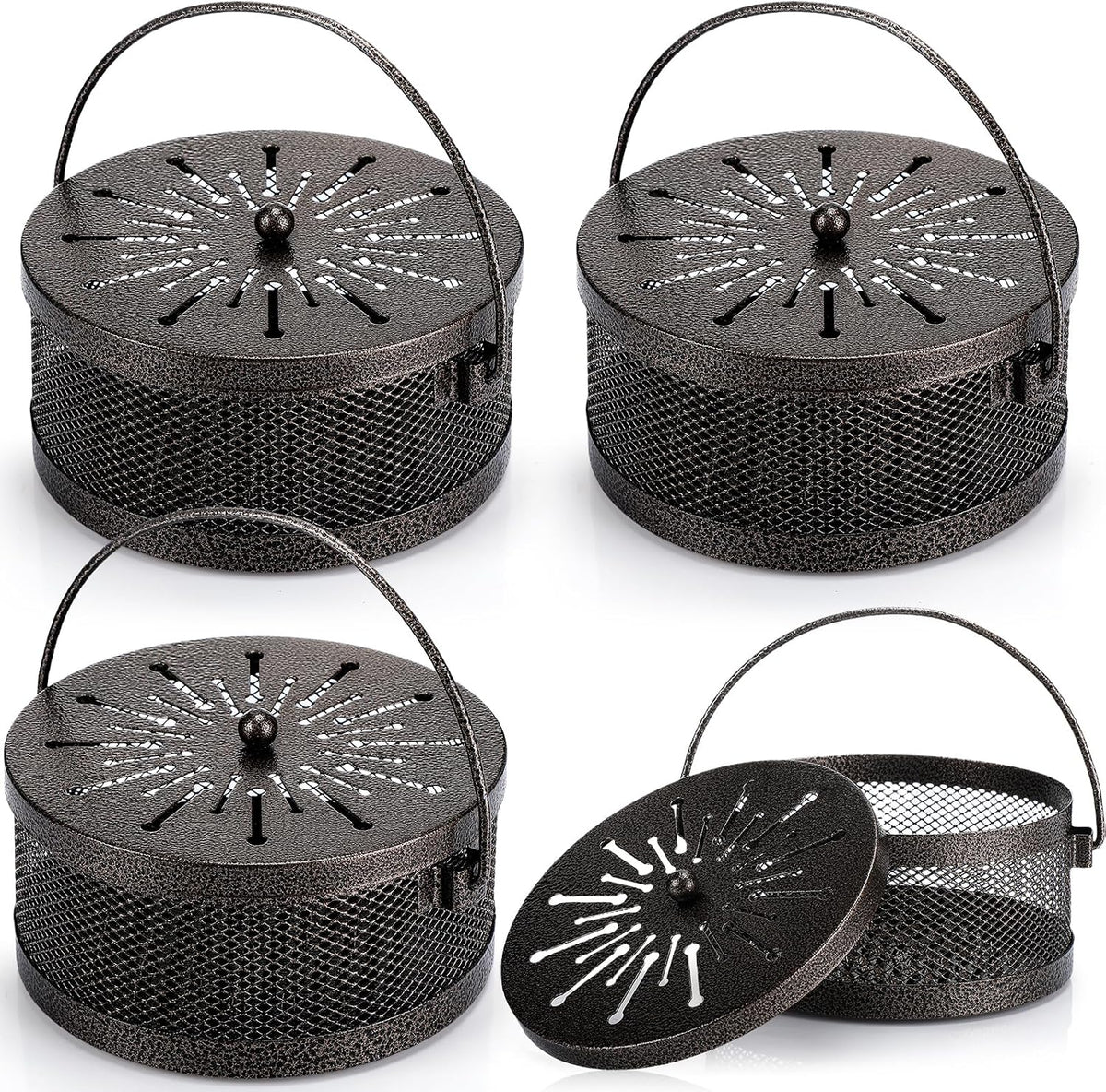 Lallisa 4 Pieces Mosquito Coil Holder Incense Coil Holder Round Retro Portable Metal Hanging Incense Burner with Handle for Home Camping Indoor Outdoor Patio(Bronze)