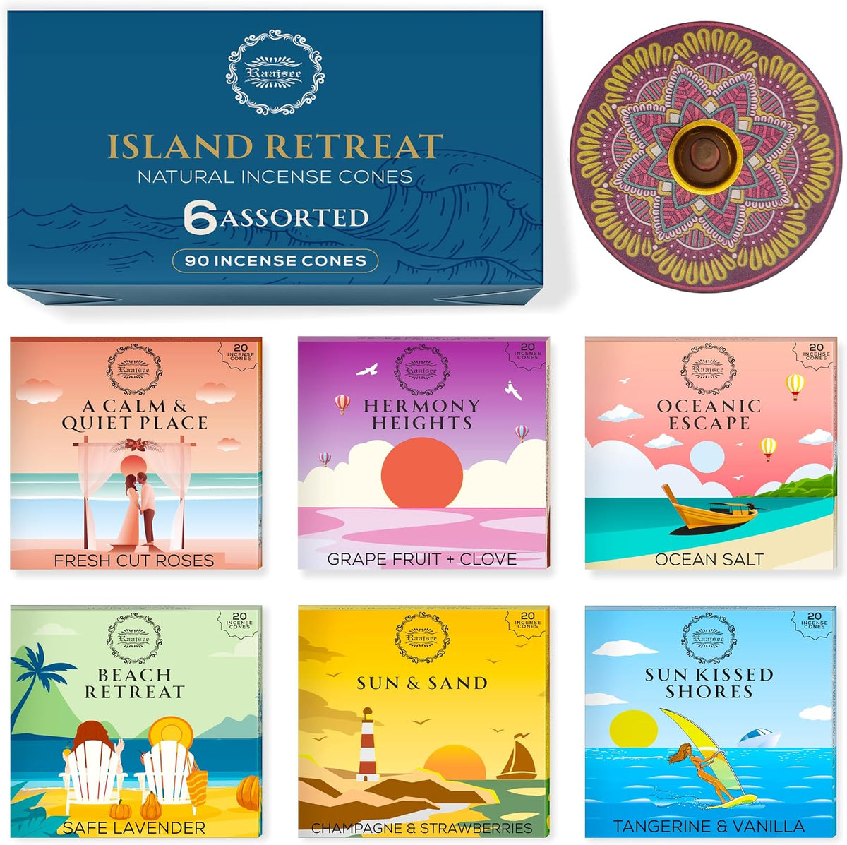 Raajsee Incense Cones, 6 Pack Island Retreat Cone Gift Pack 15 pc Each (90 Total), Insence Cones Variety Pack, 100% Organic Non Toxic Natural - Free from Chemicals