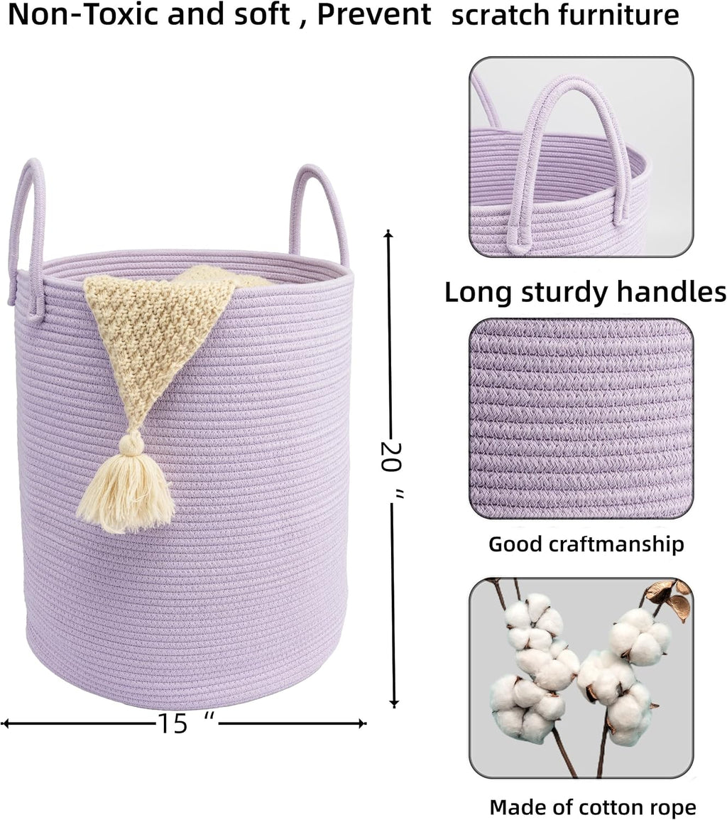 Woven Cotton Rope Laundry Basket, 15" x 20" Laundry Hamper, Purple