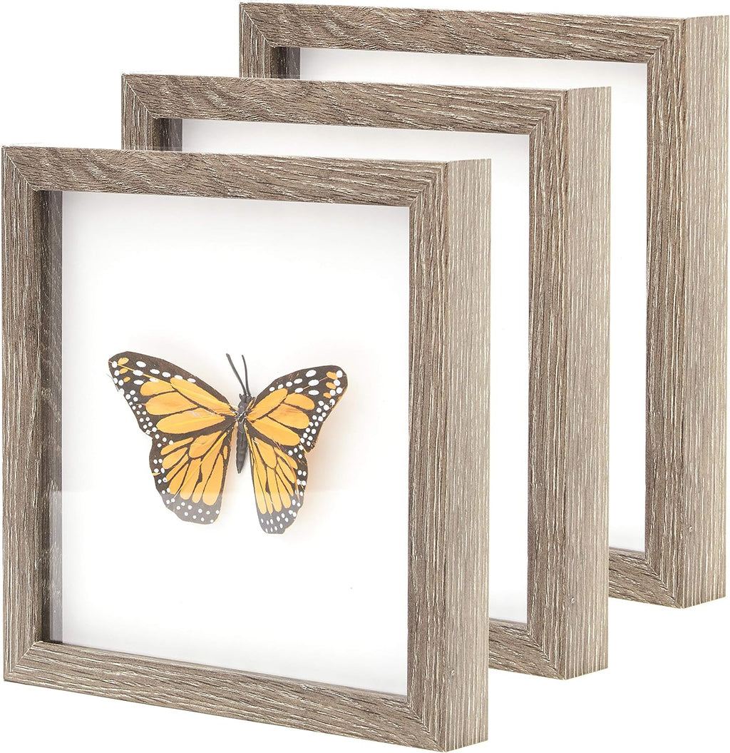 Super-Sturdy, Real Wood 8x8 Shadow Box Frame 3pk. Hardwood Display with Real Glass. Best Shadowbox to Showcase Photos, Tickets, Wedding Bouquets, CDs, Medals, Awards and Insects (3, Weathered Grey)