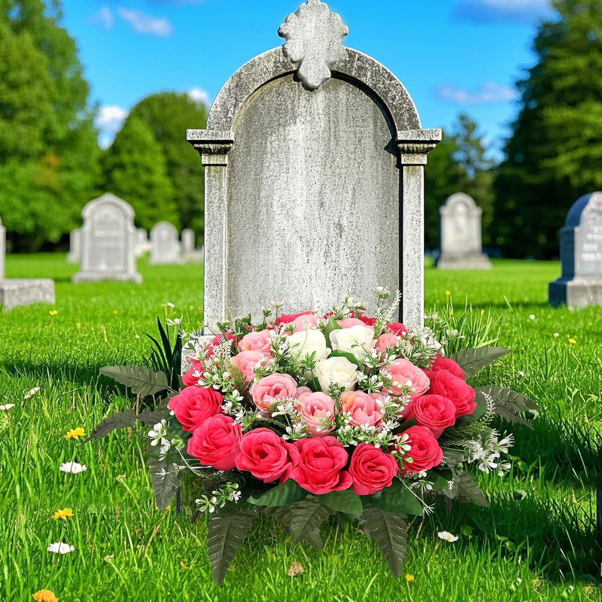 Lodou Artificial Cemetery Flowers,Silk Memorial Cake for Cemetery,Artificial Flower Centrepieces for Tables,Artificial Rose Graveyard Memorial Flowers for Headstones Decoration (Pink)
