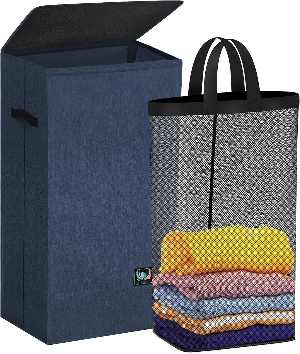 WTREE Laundry Hamper with Lid, Reinforced Sturdy Clothes Hamper with Anti-Puncture Base, Large Collapsible Laundry Basket with Removable Liner Bag, Tall Dirty Clothes Bin for Family, 100L Navy Blue