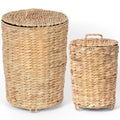 Wicker Trash Can with Lid Set of 2, 4 Gallon & 1.5 Gallon Small Bathroom Trash Can with Liner & Raised Feet, Handwoven Water Hyacinth Waste Basket for Bedroom, Kitchen, Office