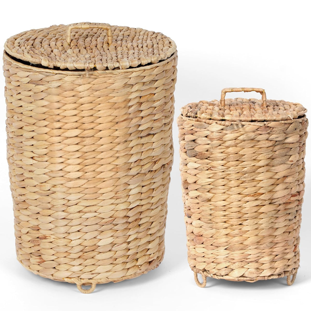 Wicker Trash Can with Lid Set of 2, 4 Gallon & 1.5 Gallon Small Bathroom Trash Can with Liner & Raised Feet, Handwoven Water Hyacinth Waste Basket for Bedroom, Kitchen, Office