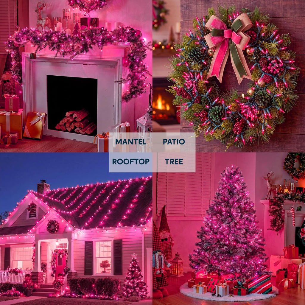 Joiedomi Pink Christmas String Lights,100 Count 21.4FT Fairy Tree Lights Plug in for Indoor Outdoor Xmas Valentines Decor Patio Holiday Theme Party Yard House,Green Wire
